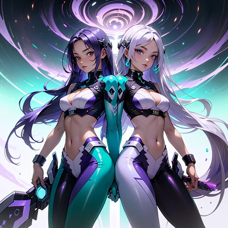 multiple girls, (Purple White Gradient Long Hair:1.5), navel, 2girls, cleavage, medium breasts, (Cyan Tornado Hair:1.5), weapon, midriff, sword, cyber costume, sparkle, colored skin, dynamic action pose, 