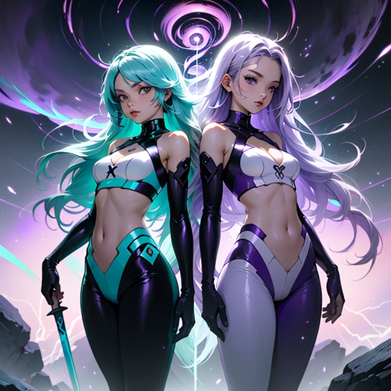 multiple girls, (Purple White Gradient Long Hair:1.5), navel, 2girls, cleavage, medium breasts, (Cyan Tornado Hair:1.5), weapon, midriff, sword, cyber costume, sparkle, colored skin, dynamic action pose,