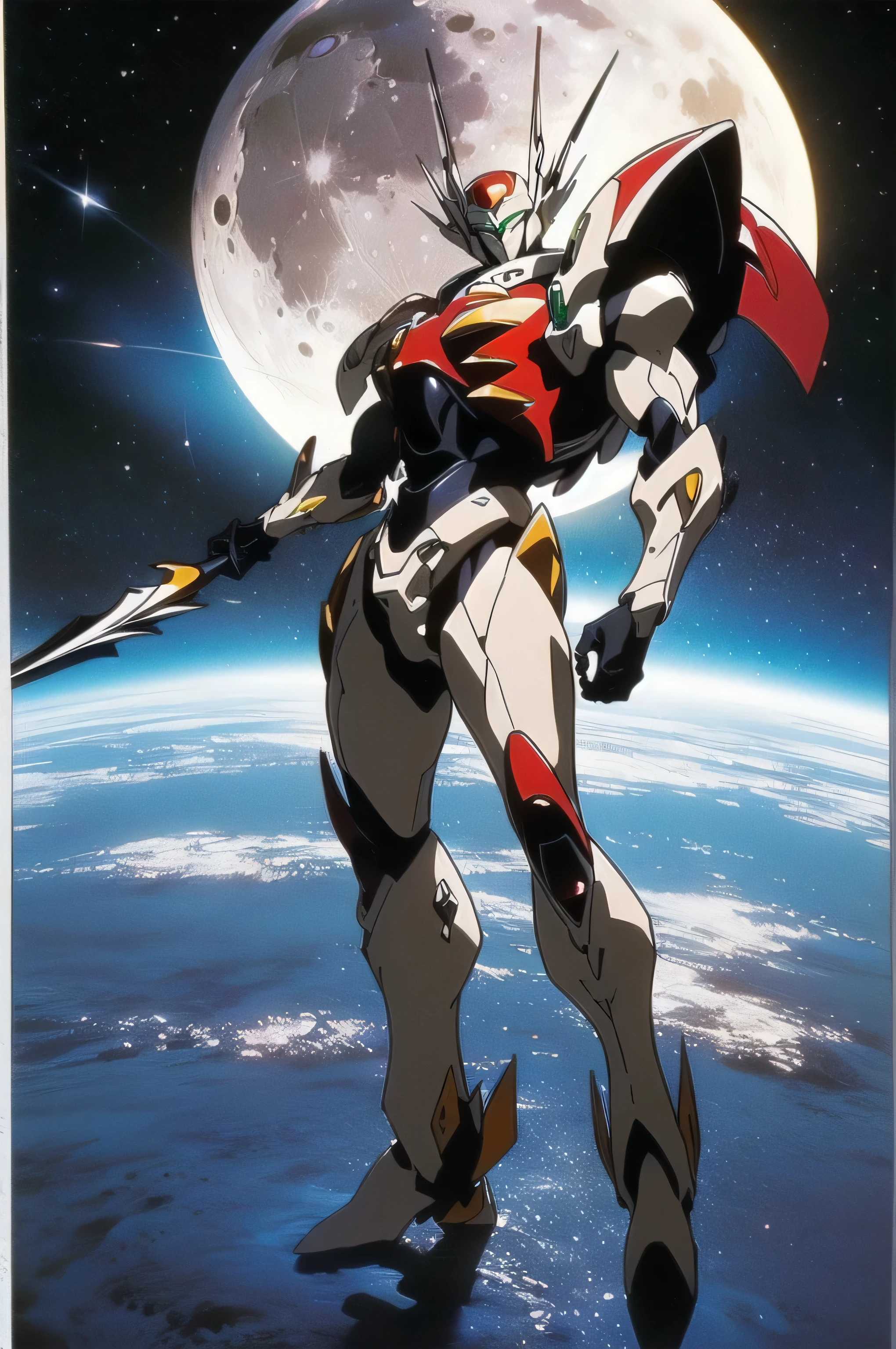 (masterpiece, best quality, 16k anime quality, high resolution, anime style, clean brush strokes, very detailed, perfect anatomy), (space background, moon surface, earth background with orbital ring), (tekkamanblade), 1 person, solo, holding weapon, blade aimed, looking at viewer, full body shot,