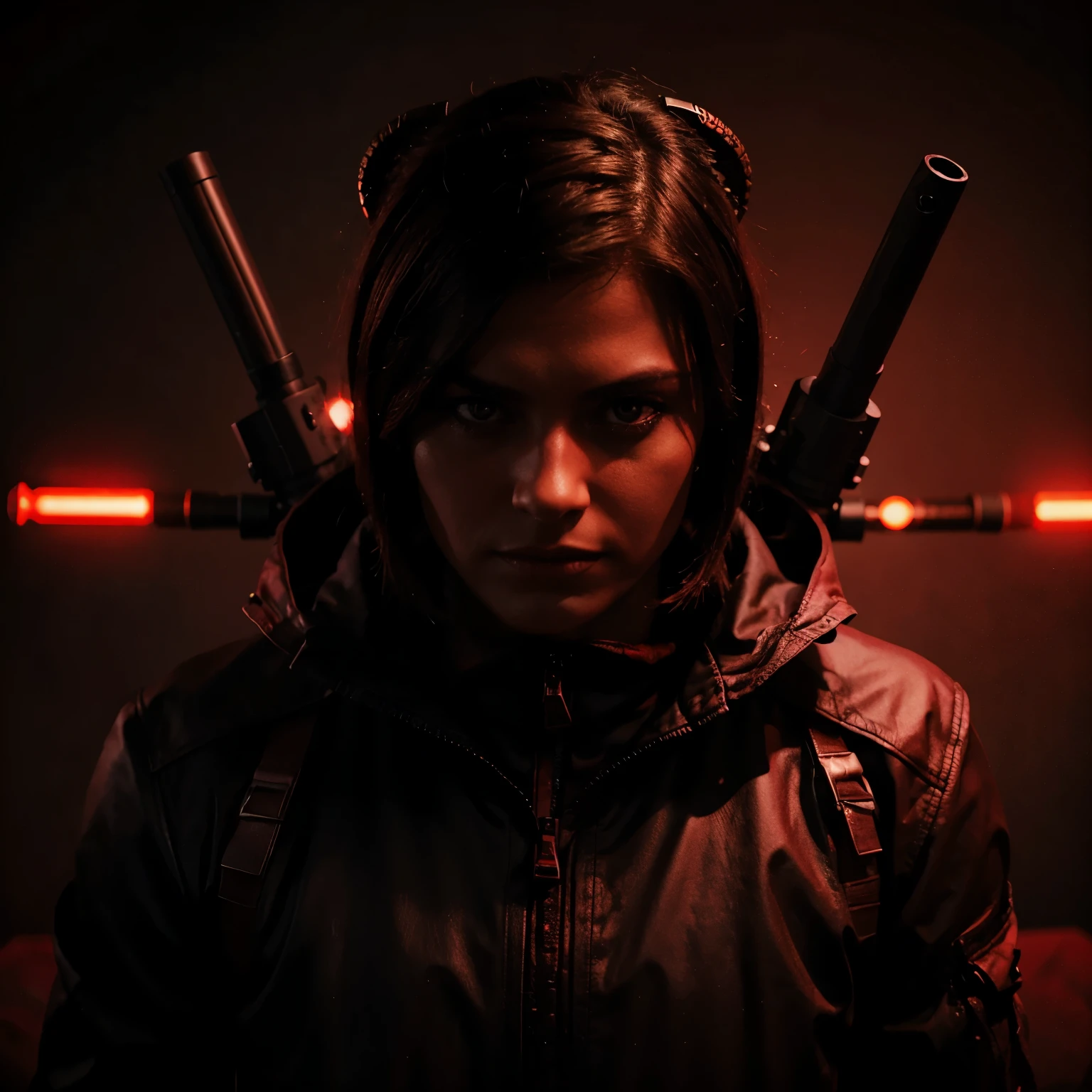 Realistic modern ware far 3 demon operator, with dark red background with bullets flying