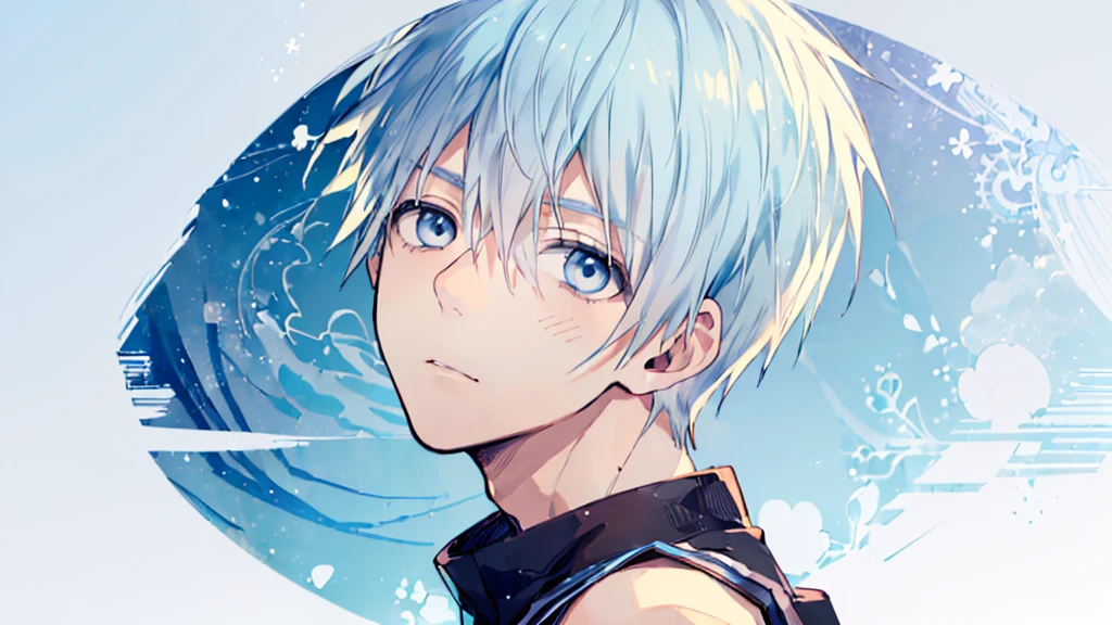 ((highest quality, super detailed,detailed eyes:1.3)),(((total 1 boy:1.2))),cool face,light blue hair,short,hair,light blue eyes,kuroko tetsuya,(black and White basketball uniform:1.2),(aqua blue aura background:1.1),(from side,portrait, on right,face focus,looking at viewer:1.4)