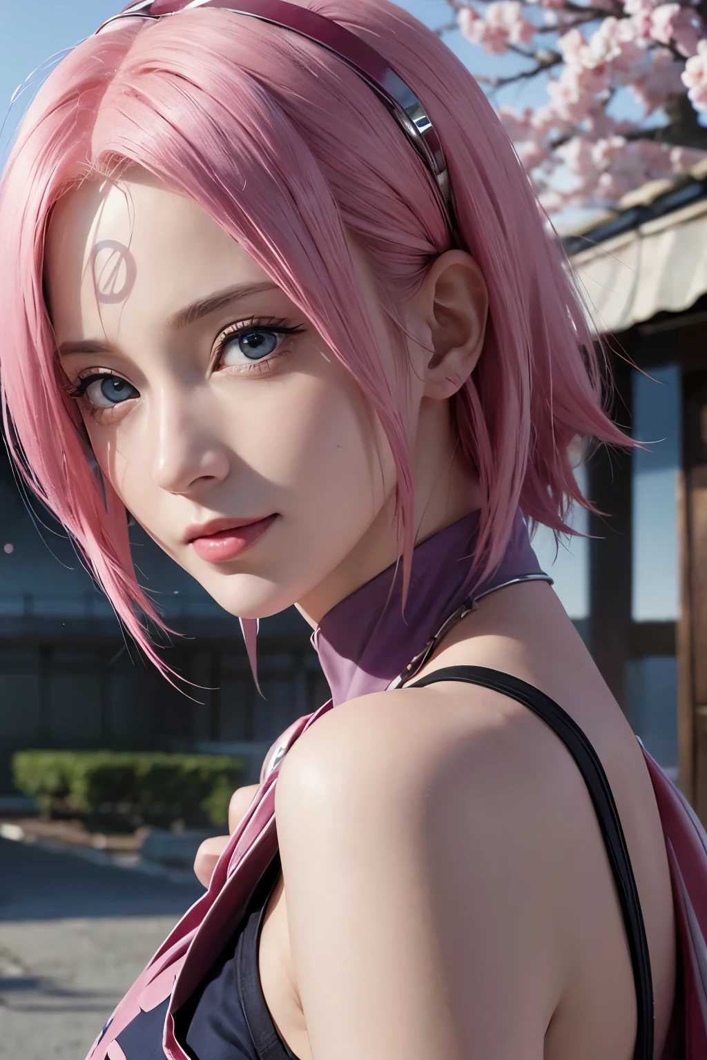 Sakura Haruno, Sakura Haruno, heroine of the anime Naruto, masterpiece, super high resolution, super high definition, sideways, look closer to the viewer, blue eyes, inclusiveness, kind smile