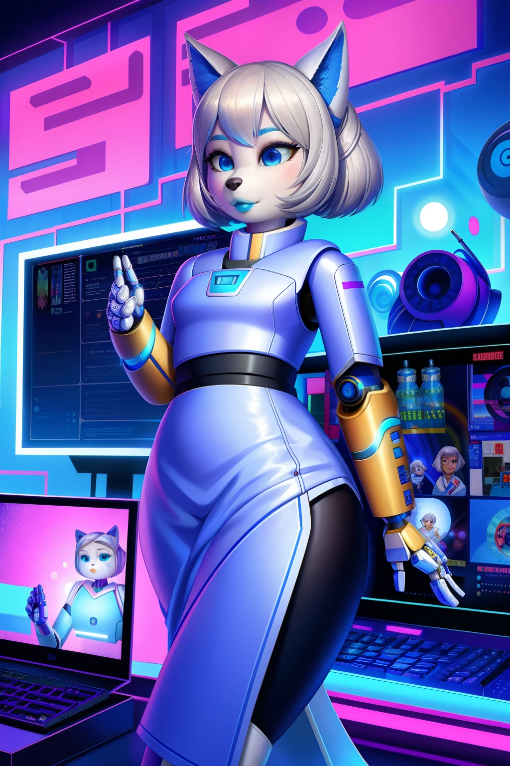 1 girl, solo, android, wolf anthro, curvy, hypnotized, empty eyes, Silver hair, blue lipstick, Japanese dress, 3d pixar, computer numbers background, robot walk