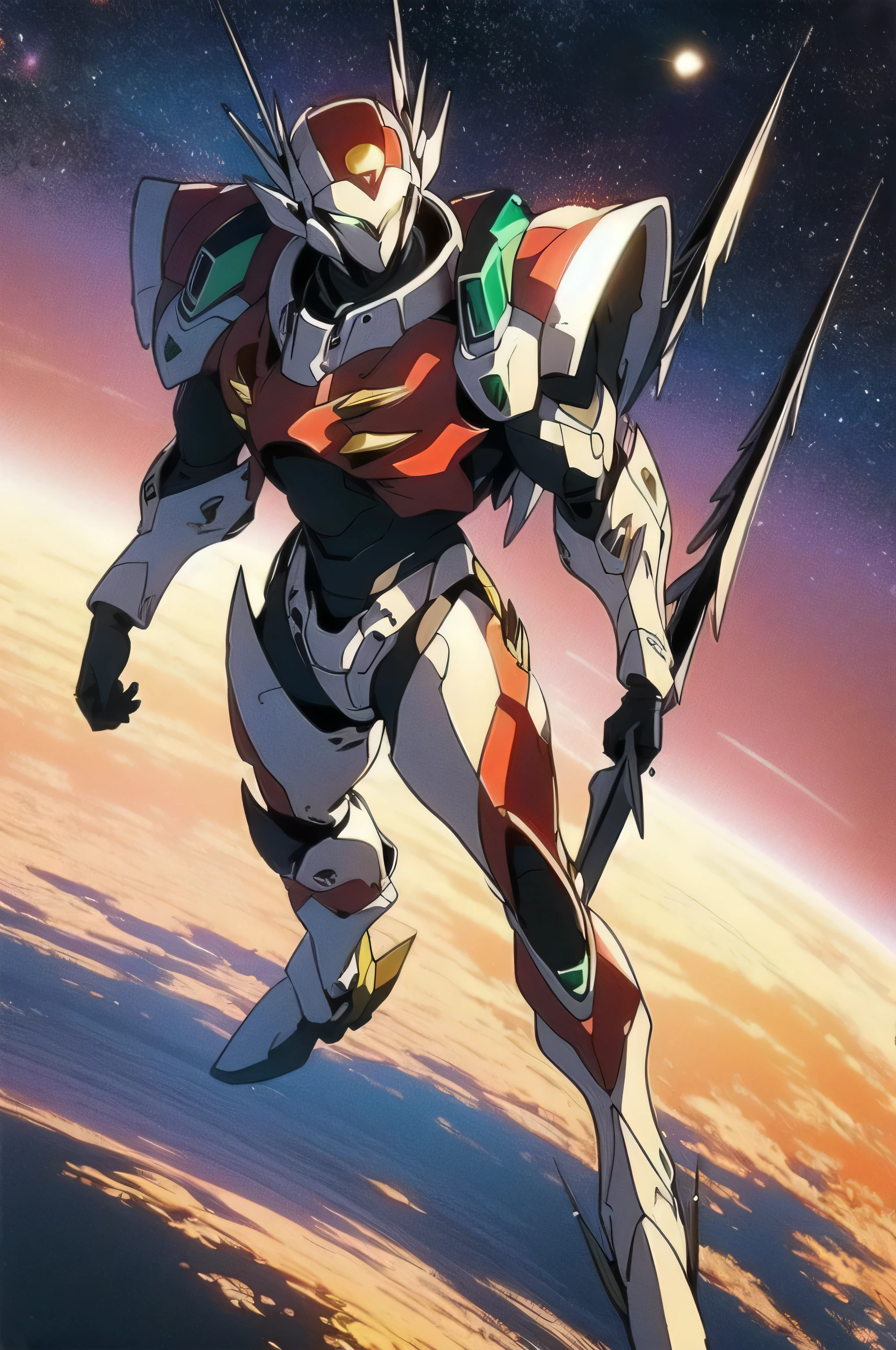 (masterpiece, best quality, 16k anime quality, high resolution, anime style, clean brush strokes, very detailed, perfect anatomy), (space background, moon surface, earth background with orbital ring), (tekkamanblade), 1 person, solo, holding weapon, blade aimed, looking at viewer, full body shot,