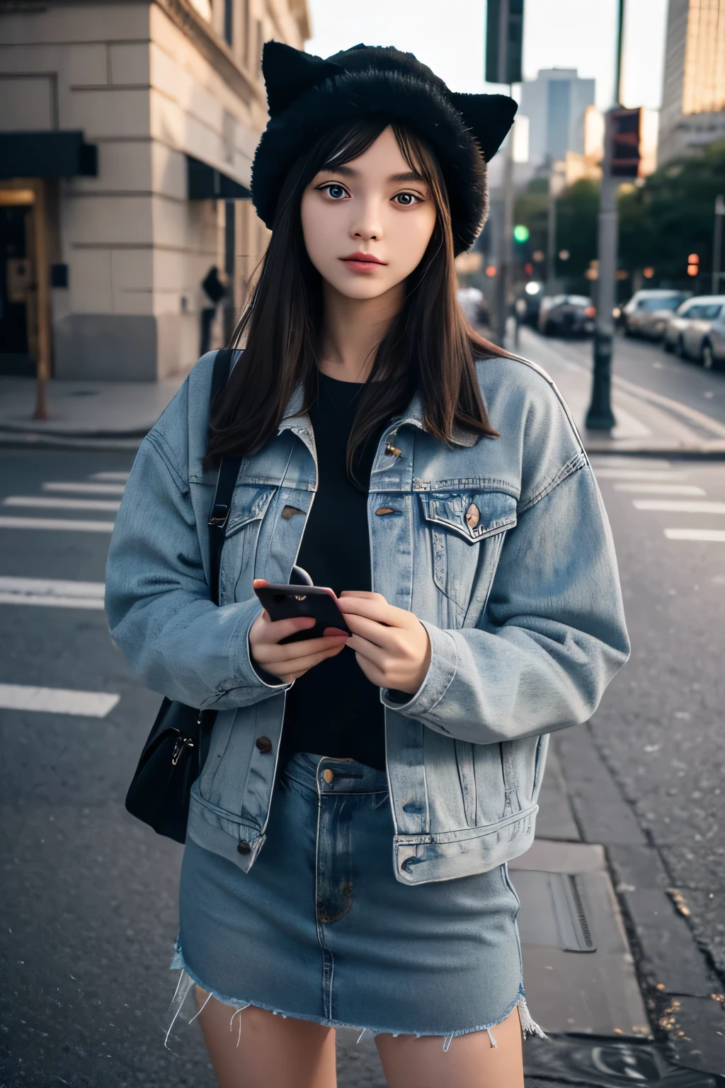 teenage girl, short black hair, wearing jacket, ultra realistic, realistic, blue eyes, furutistic city, beautiful, holding a phone, cat hat, e-girl
