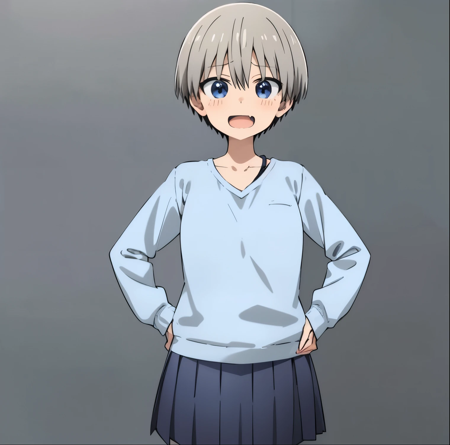 1girl, alone, uzaki hana,masterpiece, best quality, grey hair, short hair, hair between eyes, bangs, blue eyes, skin fang,blue skirt, collarbone, sweater, long sleeves, pleated skirt,open mouth, smile, blush, full body, standing, hands on hips, solo, looking at viewer, (simple background, solid grey background), perfect hands, perfect anatomy 