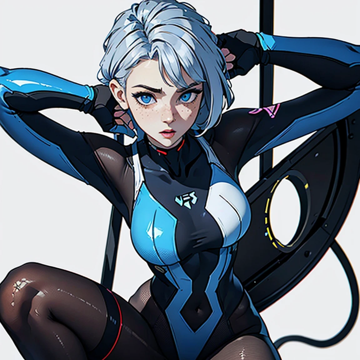(((Young White Woman))), ((Best Quality)), ((Masterpiece)), (Detail: 1.4), 3D, A Beautiful Cyberpunk Woman with Simon Bisley-style micro thong, Genesis evangelion neon style clothing, 2-piece clothing, Long silver hair, arm tatoo, cybernetic hands, pastel, Centered, scale to fit the dimensions, nffsw (High dynamic range),Ray tracing,NVIDIA RTX,Hyper-Resolution,Unreal 5,Subsurface Dispersion, PBR Texture, Post-processing, Anisotropy Filtering, depth of fields, Maximum clarity and sharpness, Multilayer textures, Albedo and specular maps, Surface Shading, accurate simulation of light and material interactions, Perfect proportions, Octane Render, Two-tone lighting, Wide aperture, Low ISO, White Balance, thirds rule, 8K Raw, Crysisnanosuit,loraeyes,nijistyle,pantyhose, freckles, nsfw, sexual pose ,High detailed, 300dpi, pornstar, ((((white background))), (((sexy pose))), (((flirt))), Blue eyes
