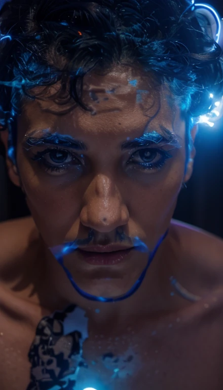 Homem Tigre Branco, Capuz azul aberto, fones de ouvido, notas musicais, (luzes de neon), (obra de arte), (incrivelmente colorido), lightning falling to the ground, (Qualidade ultra-alta), (Qualidade 8k), profundidade de campo, ambient lighting, ((detalhe suave)), estilo rock, blue lighting effects, (realista: 1.3), (max afiado)