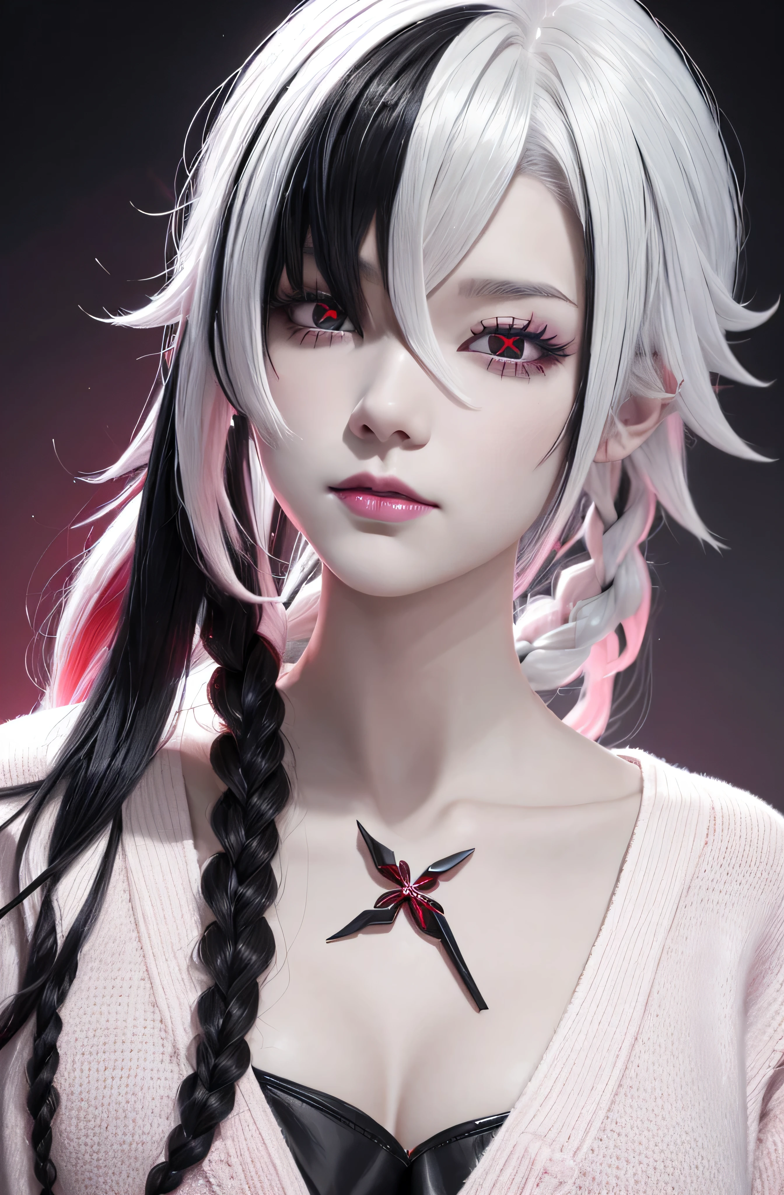 girl，White hair，Black Hair，Colorful Hair，short hair，Straight Hair，Long braids，Glowing red eyes，Red X pupil（focus），Sharp facial features，White skin，Pink lips，Soft and tender，sad，pink sweater，Huge ，Half Body