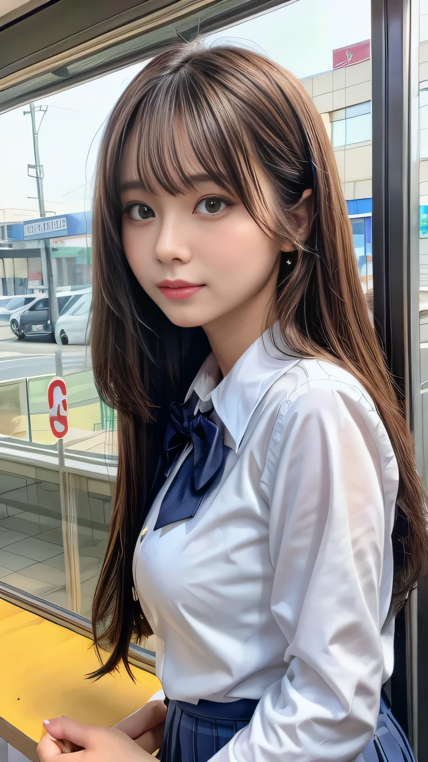 Tabletop, 最high quality, high quality, detailed, Super detailed, Hyper detailed, Very detailed, Exquisite, beautiful, 4K, 8k, Absurd, High resolution, With a girl, shy, Embarrassing, Put your hands on your head, View your viewers, Long Hair, Straight hair, Shiny Hair, Brown Hair, We say, drooping eyes, Shiny skin, detailed skin, detailed face, glamorous, beautiful breasts, beautiful ass, (Idol, school uniform:1.3), Cute face, Delicate facial features, Japanese Idol, curve, 20-year-old, Japanese, By subway, Realistic, Ultra-realistic photos, Realistic portraits, RAW Photos, Real person, Browsing Caution, Cowboy Shot, Dynamic Angle, sharp, The best light, Depth of written boundary