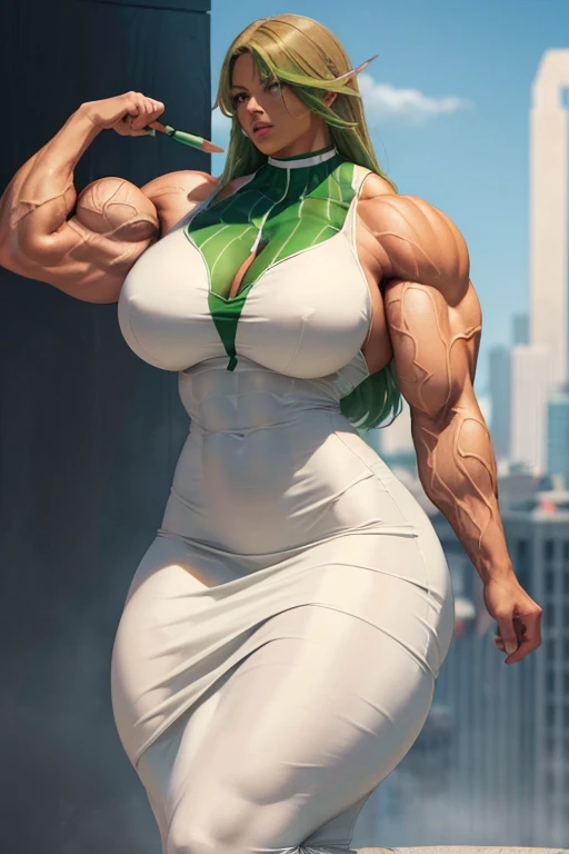 ((((Massive tall, beautiful, buff, light brown skinned muscular woman with green hair, ginormous bulky muscles and wearing a beautiful white pencil dress)))), (close view), massive muscles, massive biceps, hyper muscle shoulders, massive muscle arms, vascular shoulders, hyper muscle triceps, (long curvy hair), orange eyes, choker, on top of a sunny skyscraper In the sky, confidant smile, hyper vascular arm, hyper muscles arms, hyper muscle legs, (massive arms).