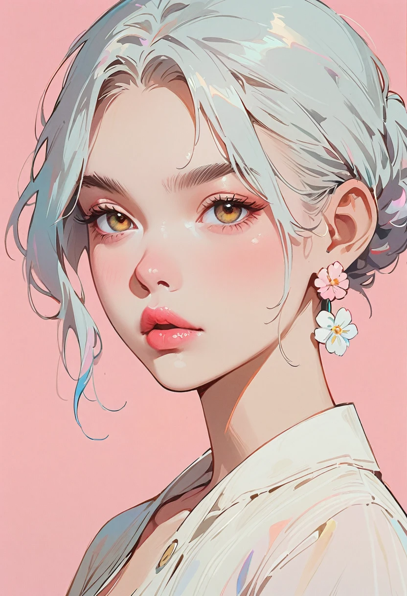 (masterpiece, highest quality:1.2), 1 girl, Lonely，Anime Style，Gray Hair, Girl with pink lips and pale flower earrings。In the style of a leading portraitist, Pink Background