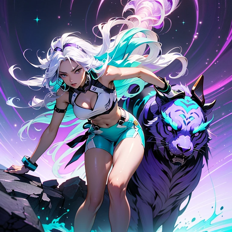 best quality, 32k, high resolution, ultra-detailed, extremely detailed, top quality, superb quality, captivating visual treat, multiple girls, (Purple White Gradient Long Hair:1.5), navel, 2girls, cleavage, medium breasts, (Cyan Tornado Hair:1.5), weapon, midriff, sword, cyber costume, sparkle, colored skin, dynamic action pose,