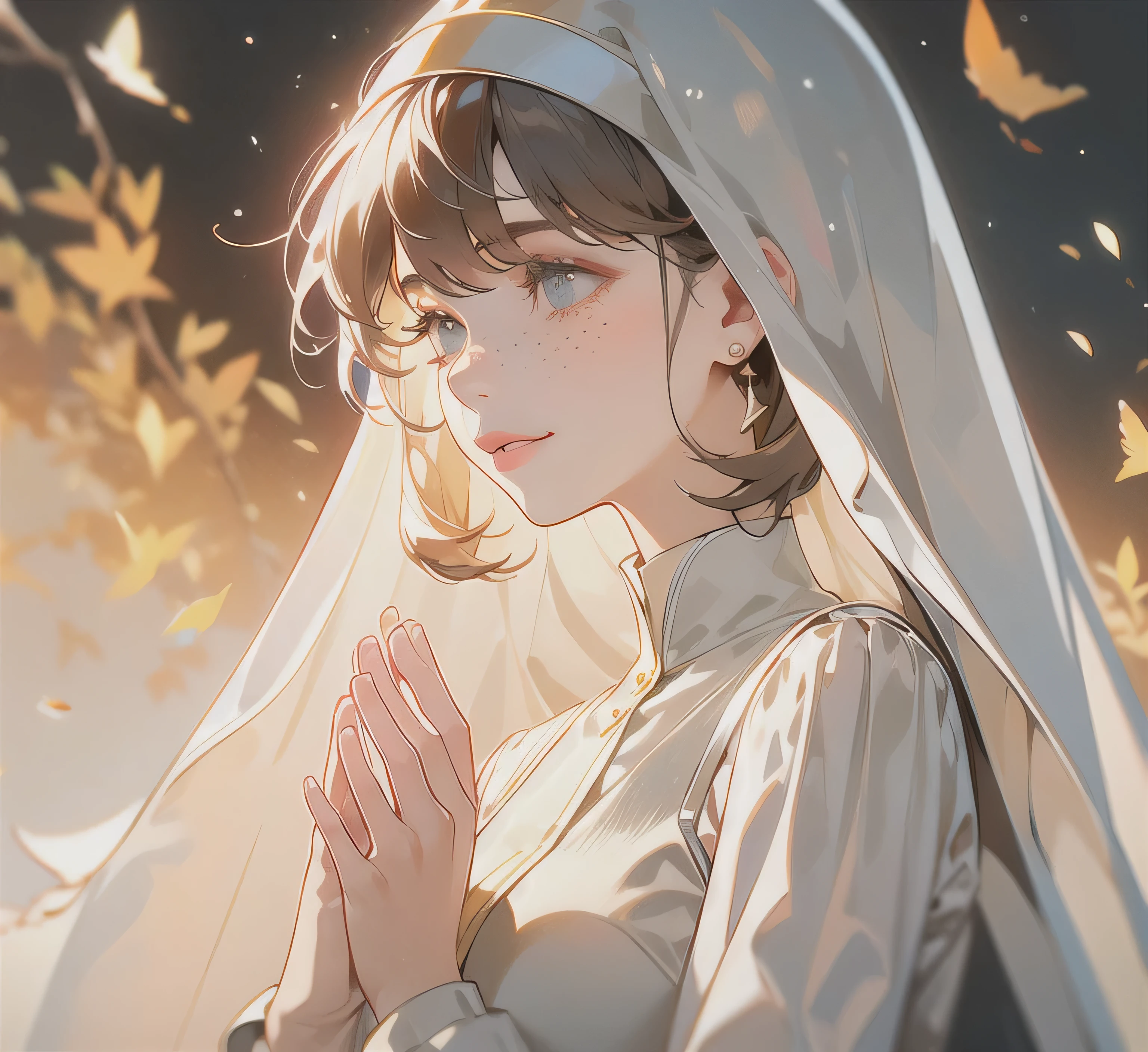 best quality,4k,8k,highres,masterpiece:1.2,ultra-detailed,realistic:1.37,portrait,beautiful detailed eyes,beautiful detailed lips,extremely detailed eyes and face,longeyelashes,soft freckles,closed eyes,innocent smile,cute nun outfit,angelic face,gentle expression,hands together,peaceful background,sunlight filtering through the trees,warm color tones,subtle glow,soft lighting,serene atmosphere