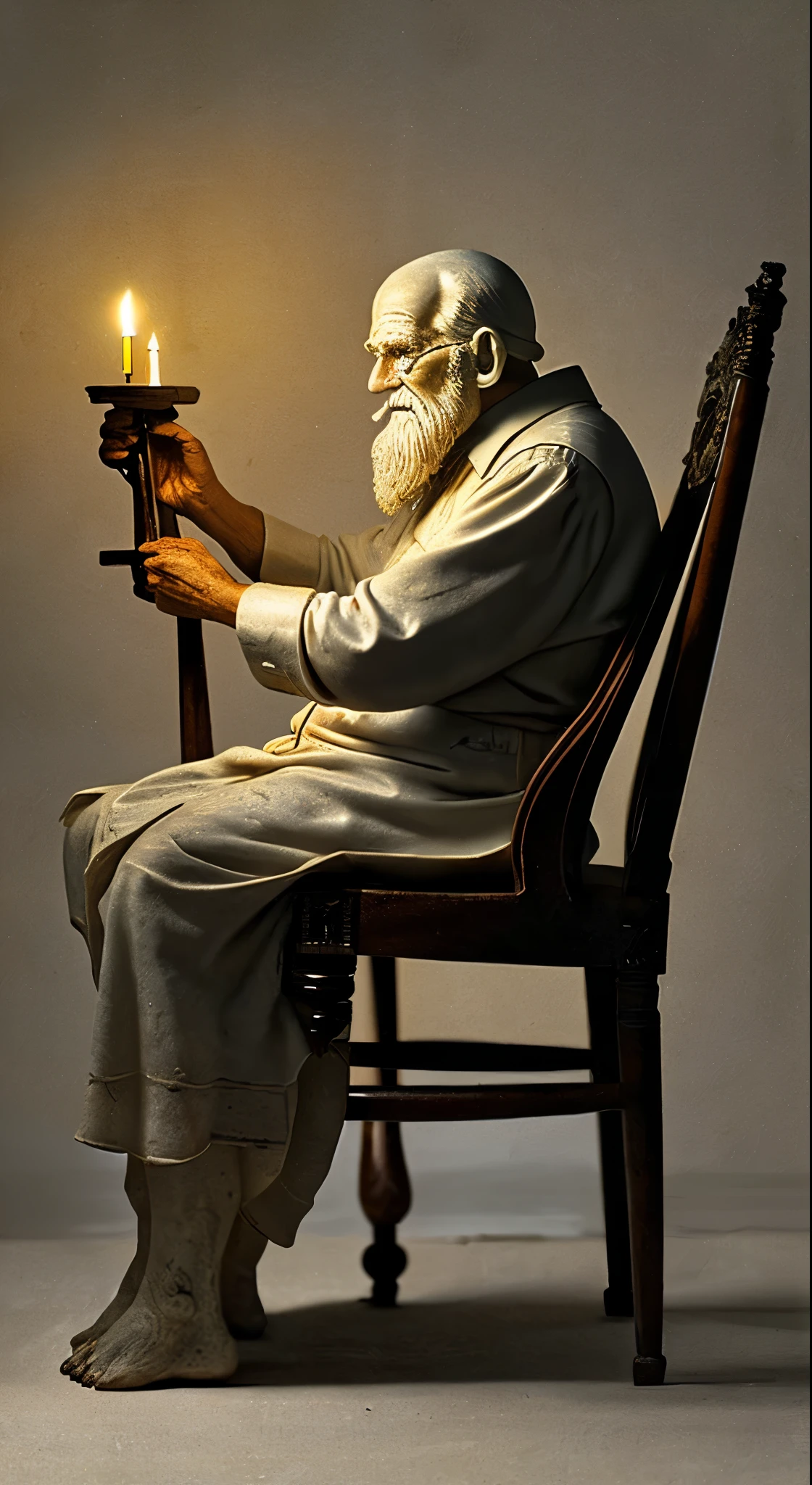 Elderly man sitting on an old chair in the library, Rolled up in a sheet, hermit, Marble statue, Dark Octane Rendering, Candle lamp lighting, Baroque, European, Mandala, Side view from below, Anatomically correct, Very detailed