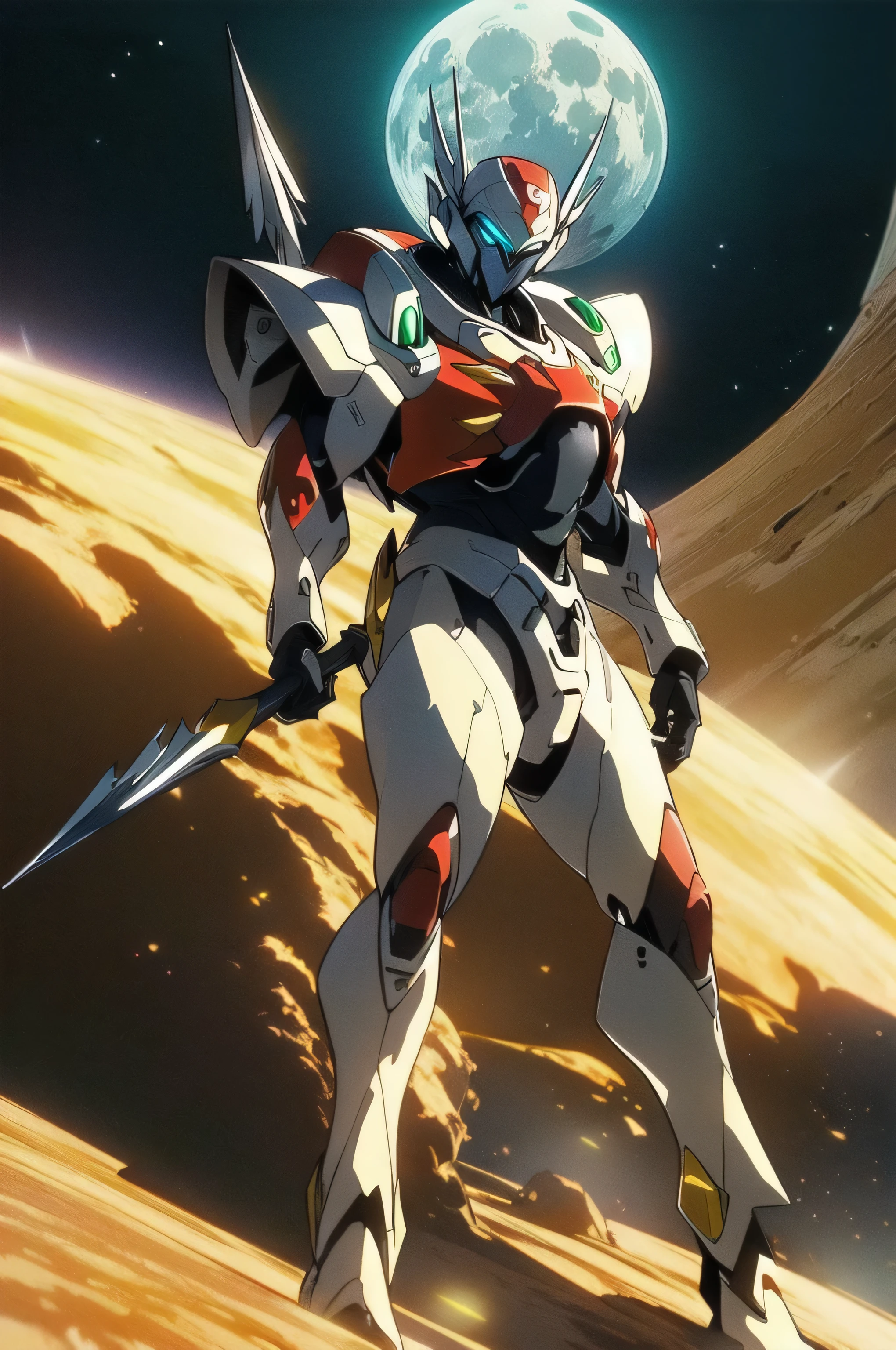 (masterpiece, best quality, 16k anime quality, high resolution, anime style, clean brush strokes, very detailed, perfect anatomy), (space background, moon surface, earth in the background), (tekkamanblade), 1 person, solo, holding weapon, blade cutting action, looking at viewer, full body shot,