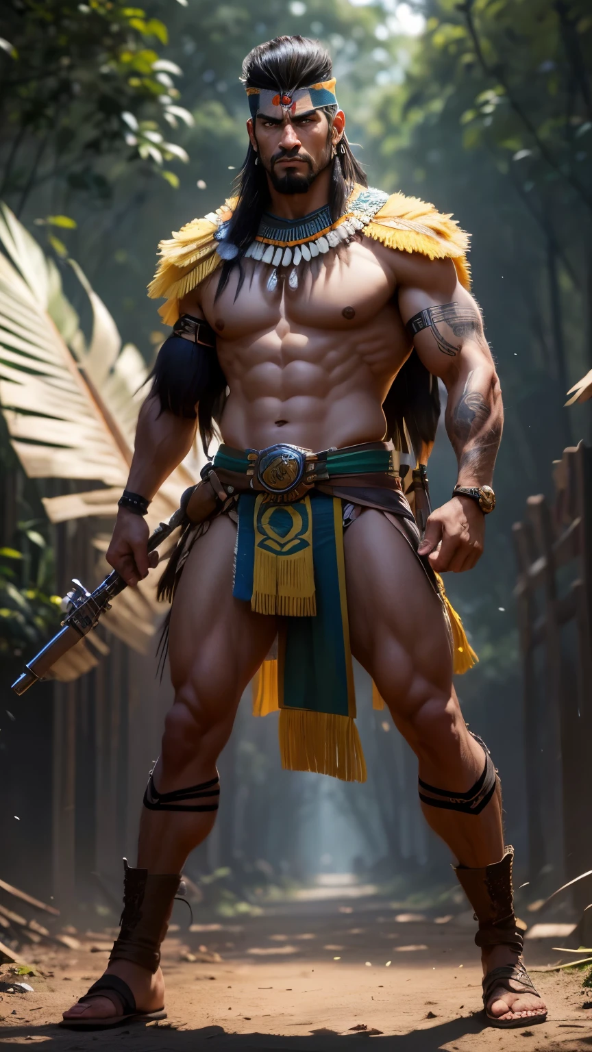 Estilo 3DMM, (((full body))), 128K Ultra High Definition, 128K de qualidade ultra-alta, Ultra-high 128K resolution, 128K resolution, Qualidade 128K, 128K resolution, Better definition, Melhor qualidade, best resolution, hiper detalhado, Hyper definition, hiper qualidade, Hyper resolution, Perfeitamente detalhado, Perfeitamente Projetado, trabalho de arte, Tiro Corporal, (((Angry male pose))), ((Create dramatic lighting image of a Brazilian male Indian)), ((serious countenance)), ((com dedos extremamente perfeitos)), ((perfect hands)), ((de 50 anos de idade)), ((The face with indigenous war ink)), (((Traje nativo Brazilian))), (((ao fundo a floresta amazonica)))