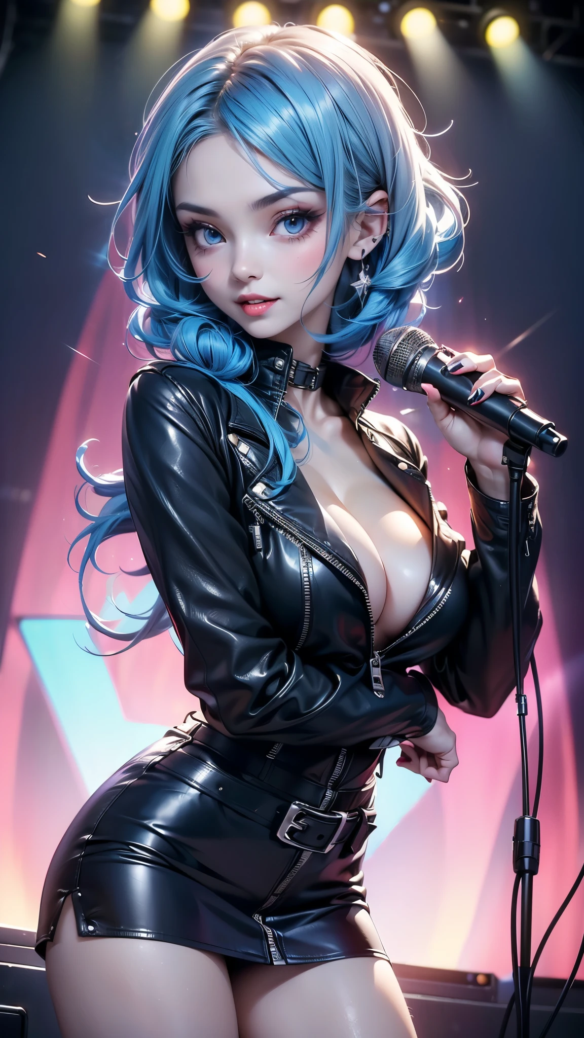 (((Only 1 woman))), ((frontal shot)), masterpiece, 8k, high quality, ultra detailed, anime style, CG Unity, beautiful anime woman, ((30 years old, rockstar, bass_guitar player)), (((pale skin: 1.3))), wearing sexy (((leather outfit, miniskirt))), (((cleavage: 1.3))), (((blue hair))), blue eyes, ((perfect body)), (((breasts:1, waist:1.1, hips:0.9, toned legs:1))), looking directly to camera, sexy gaze, sexy smile, ((lucious lips)), (((singing to a mic, sexy pose))), it is an (((artificial lighted scene))) in a rock stage club