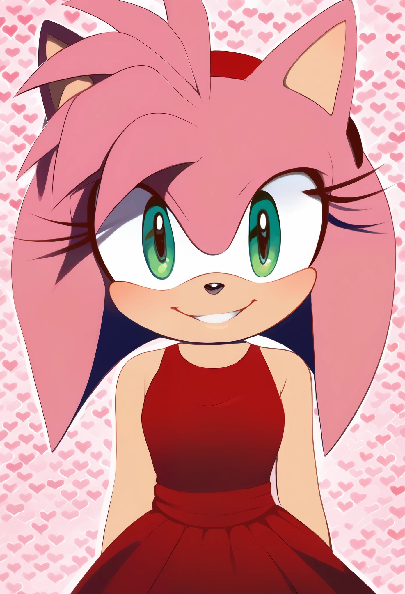 score_9, score_8_up, score_7_up, amy rose, sonic \(series\), 1girl, solo, portrait, looking at viewer, smile, red dress, pink gradient backgroud, heart pattern background