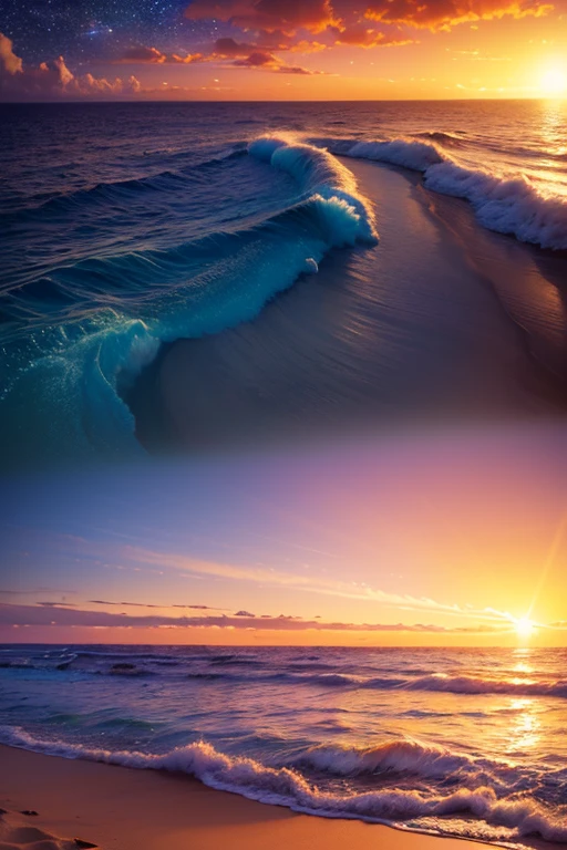 Hyper realistic 8k, ultra detailed, (Best Quality digital illustration Masterpiece of planet Earth in outer space), ((No Man)), (Beautiful planet Earth Illustration), (Beautiful Beach Shore), (Golden Sand), ((Waves in the distance)), (Bright Sun), (Hyperdetail, Dynamic Camera), (Wide Angle), (Celestial Lighting), (Vivid Colors and Saturation), (trending on artstation), ((beautiful sunset)), (aqua colored water),