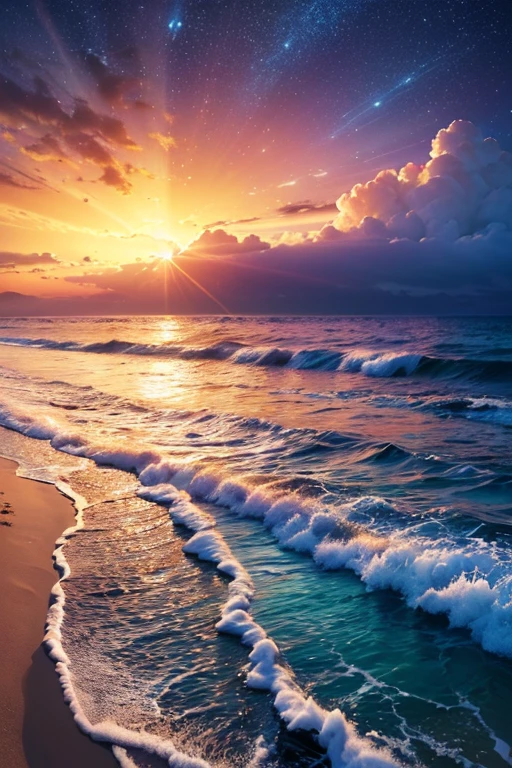 Hyper realistic 8k, ultra detailed, (Best Quality digital illustration Masterpiece of planet Earth in outer space), ((No Man)), (Beautiful planet Earth Illustration), (Beautiful Beach Shore), (Golden Sand), ((Waves in the distance)), (Bright Sun), (Hyperdetail, Dynamic Camera), (Wide Angle), (Celestial Lighting), (Vivid Colors and Saturation), (trending on artstation), ((beautiful sunset)), (aqua colored water),