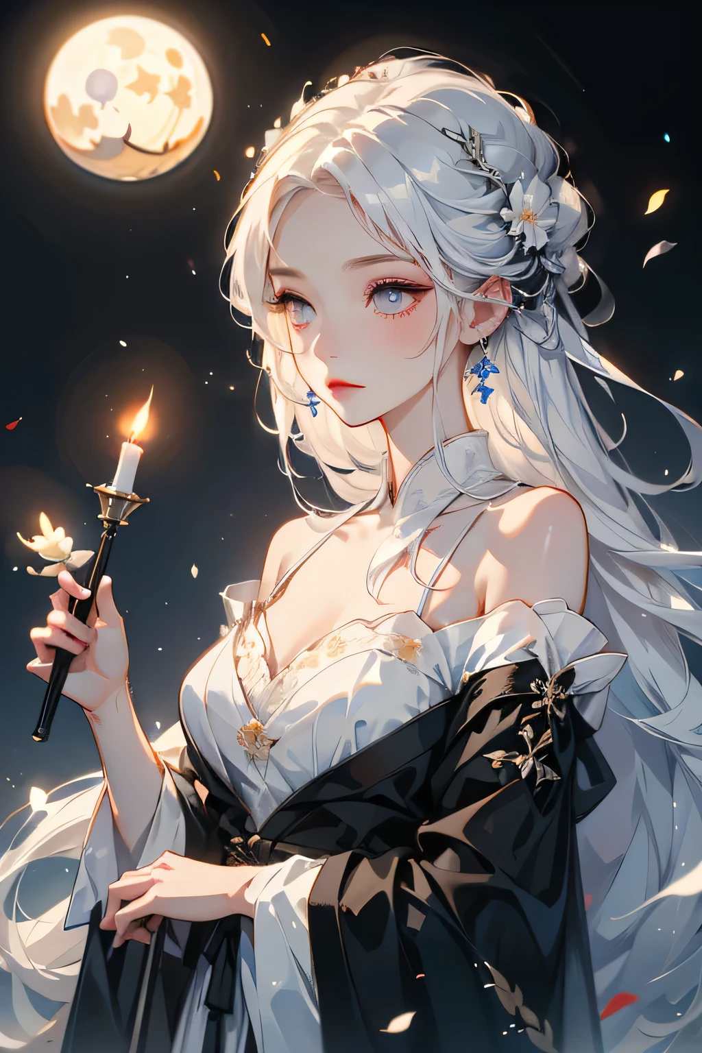 (masterpiece, highest quality:1.2), 1 girl, alone, ((Off the shoulderの服)), ((night)), ((White Hair))lanthanum, Candlelight, Deep in Wonderland,The moonlight pours down like water,fog,The heroine's figure is vaguely visible,Big Breasts,Cute face,Slightly upturned corners of the mouth,Like a fairy,Clothes Fluttering,Her hair is casually tied back,A few strands of hair are swaying gently in the wind,((Off the shoulder、kimono、kimono)):1.5、Beautiful cleavage、(Fox Ears,Fox's Tail、Fox)huli,Fox ear