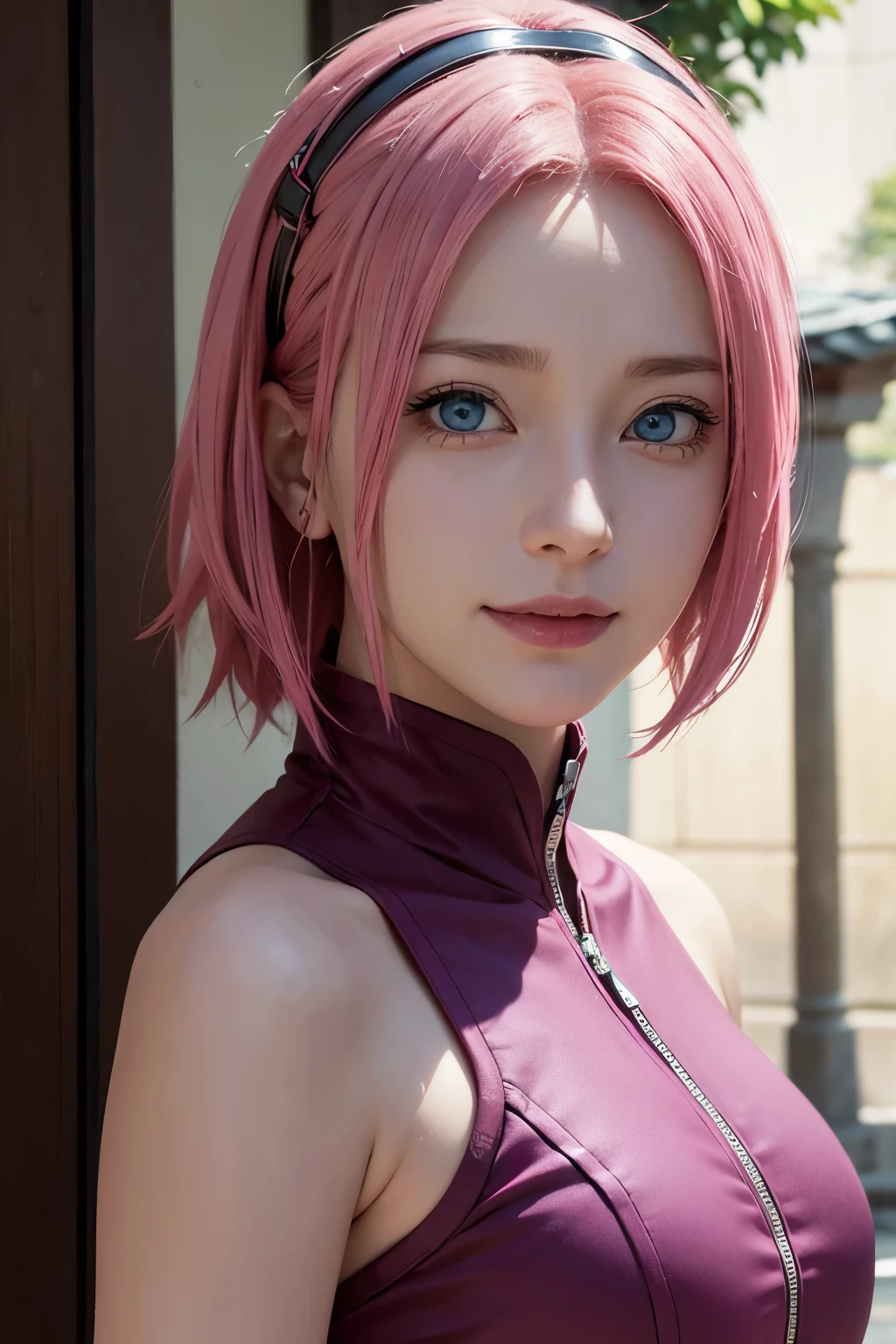 Sakura Haruno, Sakura Haruno, heroine of the anime Naruto, masterpiece, super high resolution, super high definition, sideways, look closer to the viewer, blue eyes, inclusiveness, kind smile