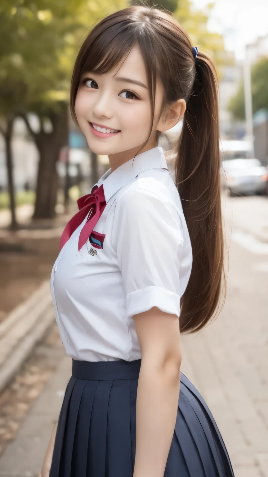 bright表情、Photorealistic:1.32、highest quality、超A high resolution、最も美しい日本のgirlの写真、Cute and beautiful face details、Small Face、美しいbangs、、Radiant, fair, glowing skin、Hair gets tangled in the face、(girl1Only people:1.3)、顔まで伸びるbangs、bangs、Hair between the eyes、Attractive brown silky hair、bright、Her clear eyes shine charmingly、Cute pose、highest quality、Disorganized、((The cutest girl in the world))、Japanese、((School uniform summer clothes:1.3))、(High waist pleated skirt)、Newest Brands、(Side ponytail hair:1.3)、(Tie with a thin ribbon)、Nice and cute、An innocent smile、nice smile、Cleavage、(Large Breasts:1.3)、(Posing cutely:1.3)、Brown Hair、Small waist、Detailed beautiful eyes、View your viewers、Upper Body、Close-up of face、Front view、