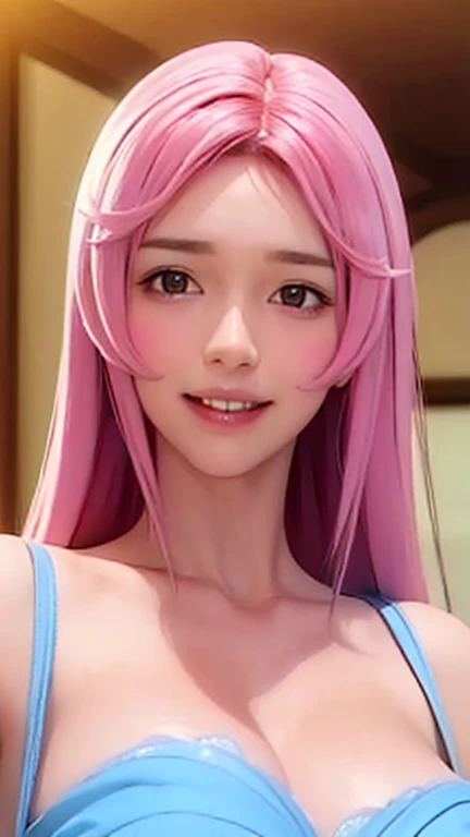 Ultra realistic, vintage photo, best quality, dream aesthetic (a little blurry in cinematic vibrant light), ultra-detailed, fine details, high resolution (image taken by analog camera), Perfect dynamic composition, illuminated pale skin, perfect shading, beautiful (realistic) detailed clear eyes, summer dress, long messy (silky) hair (pale pink), natural big breasts, Natural Color Lip (not smiling), face with shy and embarrassed expression, Random and sensual poses, smile, bedroom、20 year old、dream atmosphere