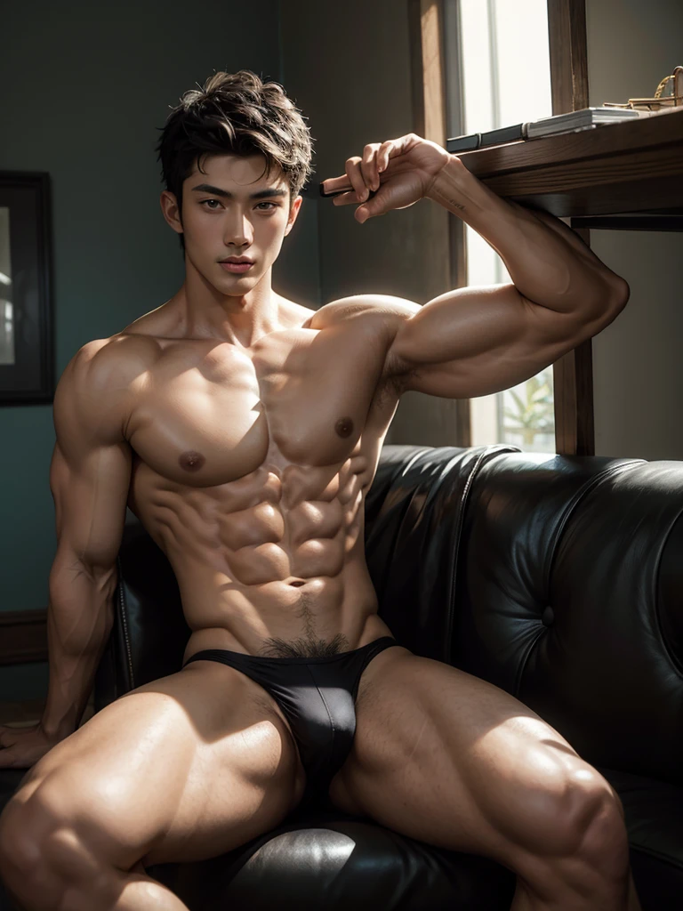 Masterpiece, Best Quality, Asian Model Men, muscular, white skin, lifted arms, spread legs, sitting, sexy bikini, studio background, hard lighting on the body, Natural eyes, Short and delicate black hair, Sexy Man, looking at the viewer, shirtless, Small plots, Muscular posture, pubes, (extremely handsome: 1.2), 8K, Ultra HD Resolution, dramatic lighting, studio light.