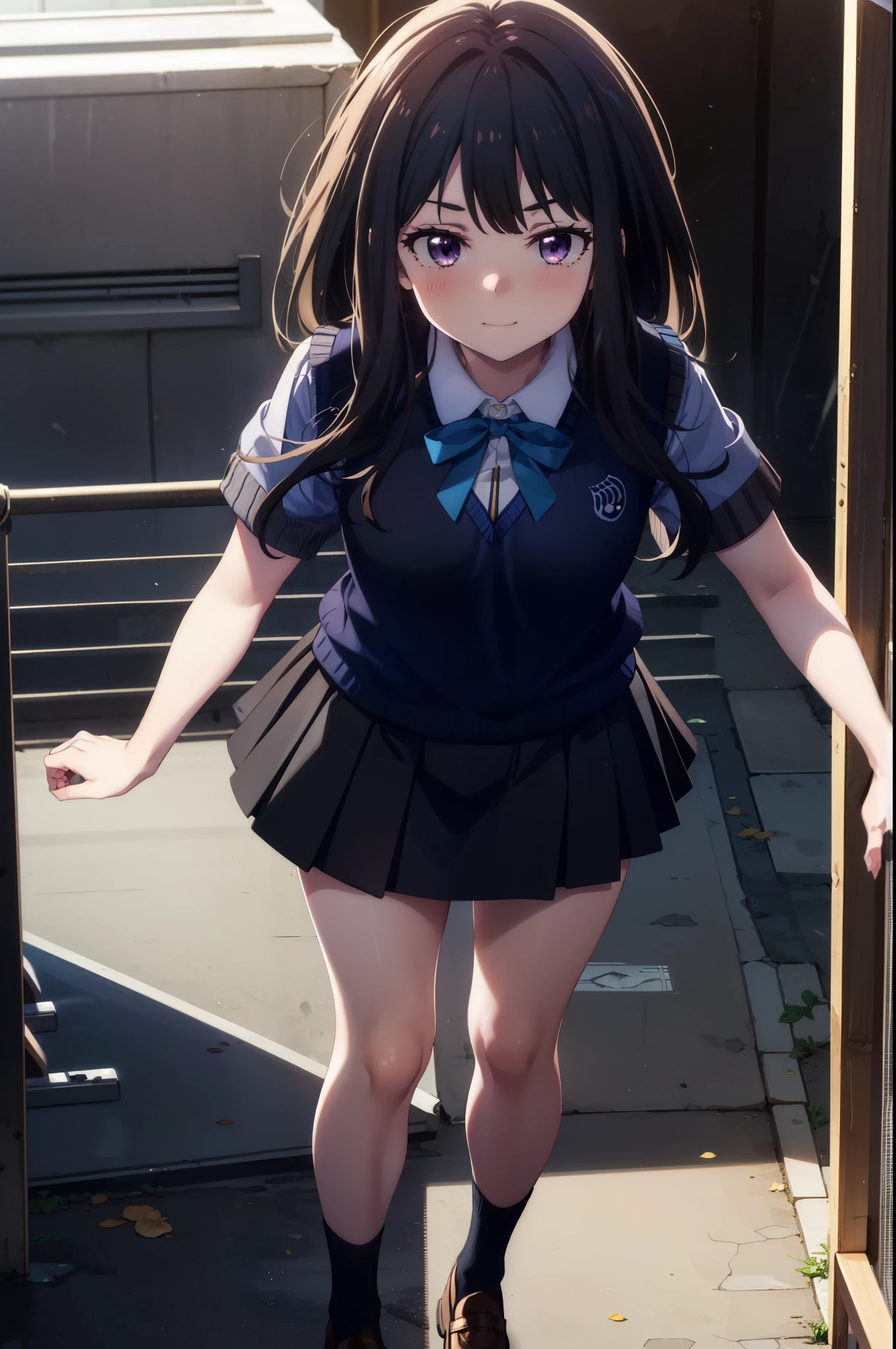 Takiuchi, Inoue Check, Long Hair, bangs, Black Hair, (Purple eyes:1.2),smile,blush,full body,
white yシャツ, Short sleeve, Pleated skirt, Collared shirt, mini skirt, Black pantyhose, (Black Skirt:1.5), Sweater vest, (blue Sweater vest:1.5),Brown Loafers,Daytime,sunny,walking,whole bodyがイラストに入るように, break looking at viewer whole body,
break indoors, School corridor,
break (masterpiece:1.2), highest quality, High resolution, unity 8k wallpaper, (shape:0.8), (Beautiful details:1.6), Highly detailed face, Perfect lighting, Extremely detailed CG, (Perfect hands, Perfect Anatomy),
