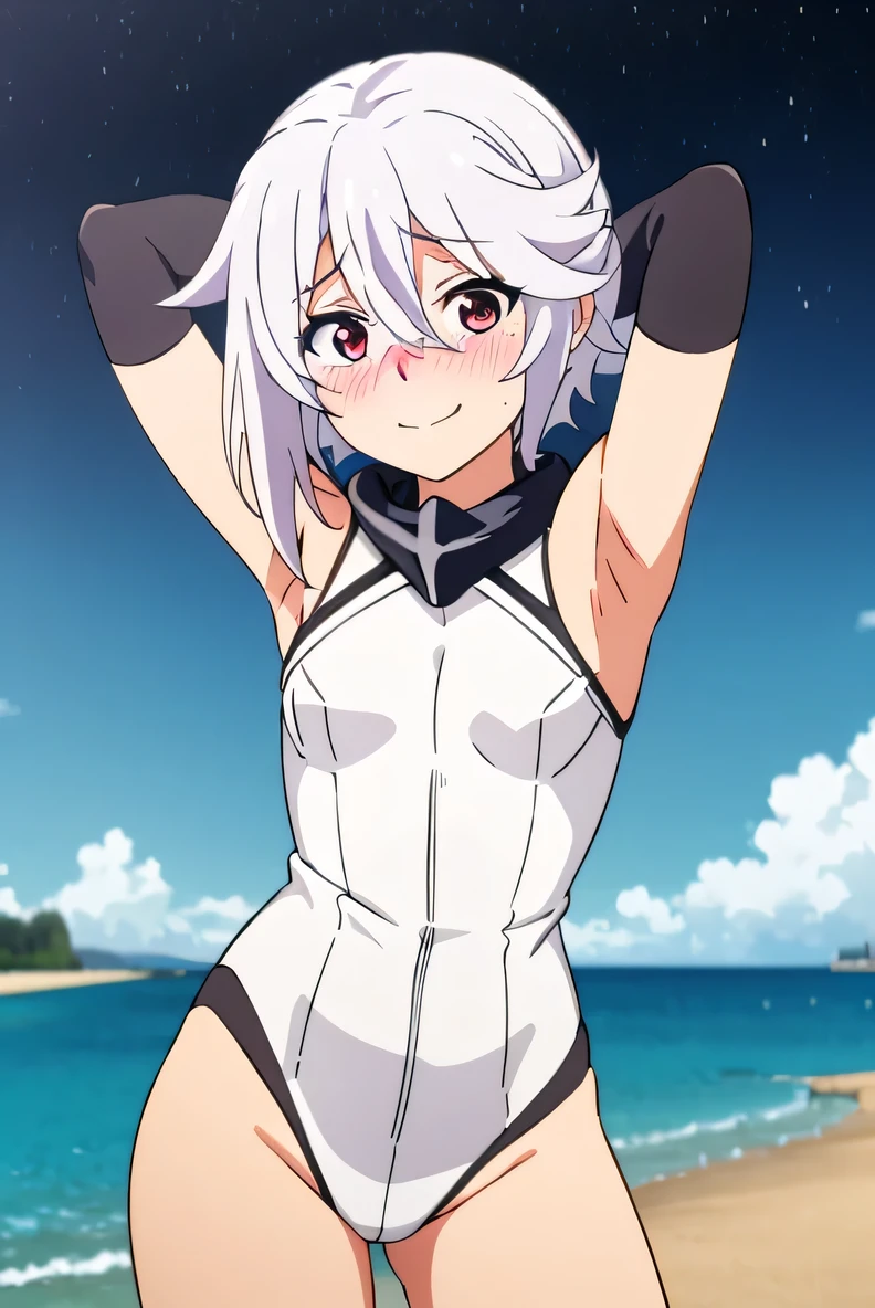 SHYHERO, 1girl, white hair, solo, looking at viewer, blush, embarrassed, (cowboy shot:1.5), night sky, beach, arms behind head, contrapposto, spread armpits, looking at viewer, best quality, closed mouth, smile, blushing,