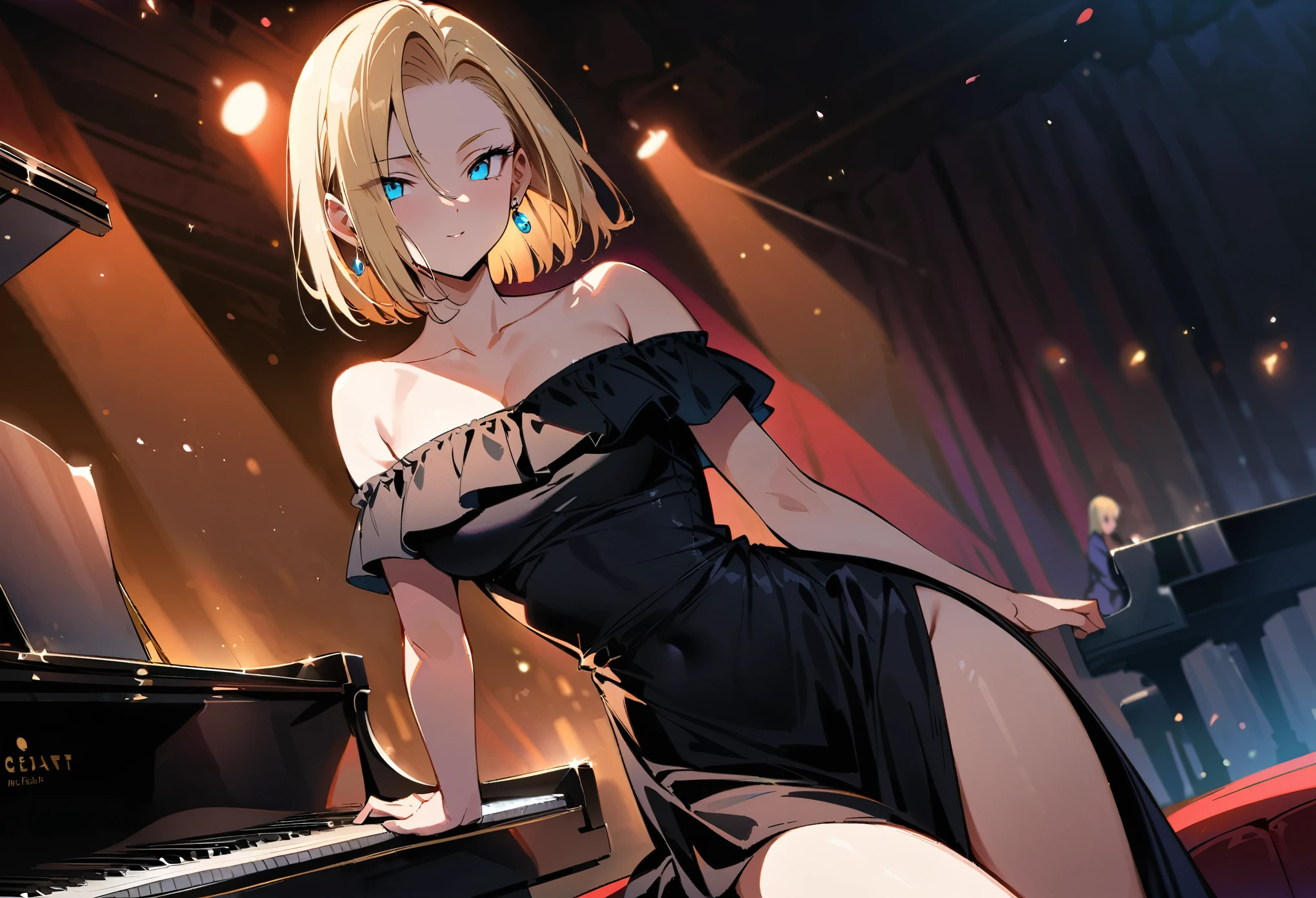 (masterpiece, best quality:1.2), upper body and lap shot showing collarbone, shoulders, hint of toned thighs, solo, Android 18 from Dragon Ball, seated on a luxurious velvet tufted chair, (playing a black grand piano on stage:1.2), (hands gracefully gliding across the keys), off-shoulder sleek black evening gown with knee-length slit, short blonde hair loose in casual messy style, blue eyes focused on the piano keys, dangling earrings, slender feminine figure, warm stage lighting spotlight, dim auditorium background with plush red seats, concert hall for piano recitals, 4K