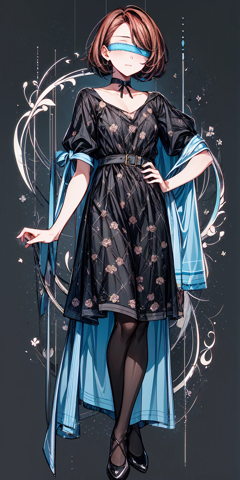 (flat color background, simple background) 1sologirl ((masterpiece, sidelighting, beautiful eyes:1.2)) ultra-detailed, ultra high res, professional lighting, high quality makeup, beautiful detailed eyes) (best-quality:0.8) perfect anime illustration, beautiful, full body, looking_at_viewer (full body:1.5) brown hair, dark brown eyes (small breasts:1.1) HuasaChile, Huasachina, shash, puffy dress, dress, puffy short sleeves, pantyhose, black footwear, floral print, print dress, hand on hip, handkerchief, toph (blind:1.5)