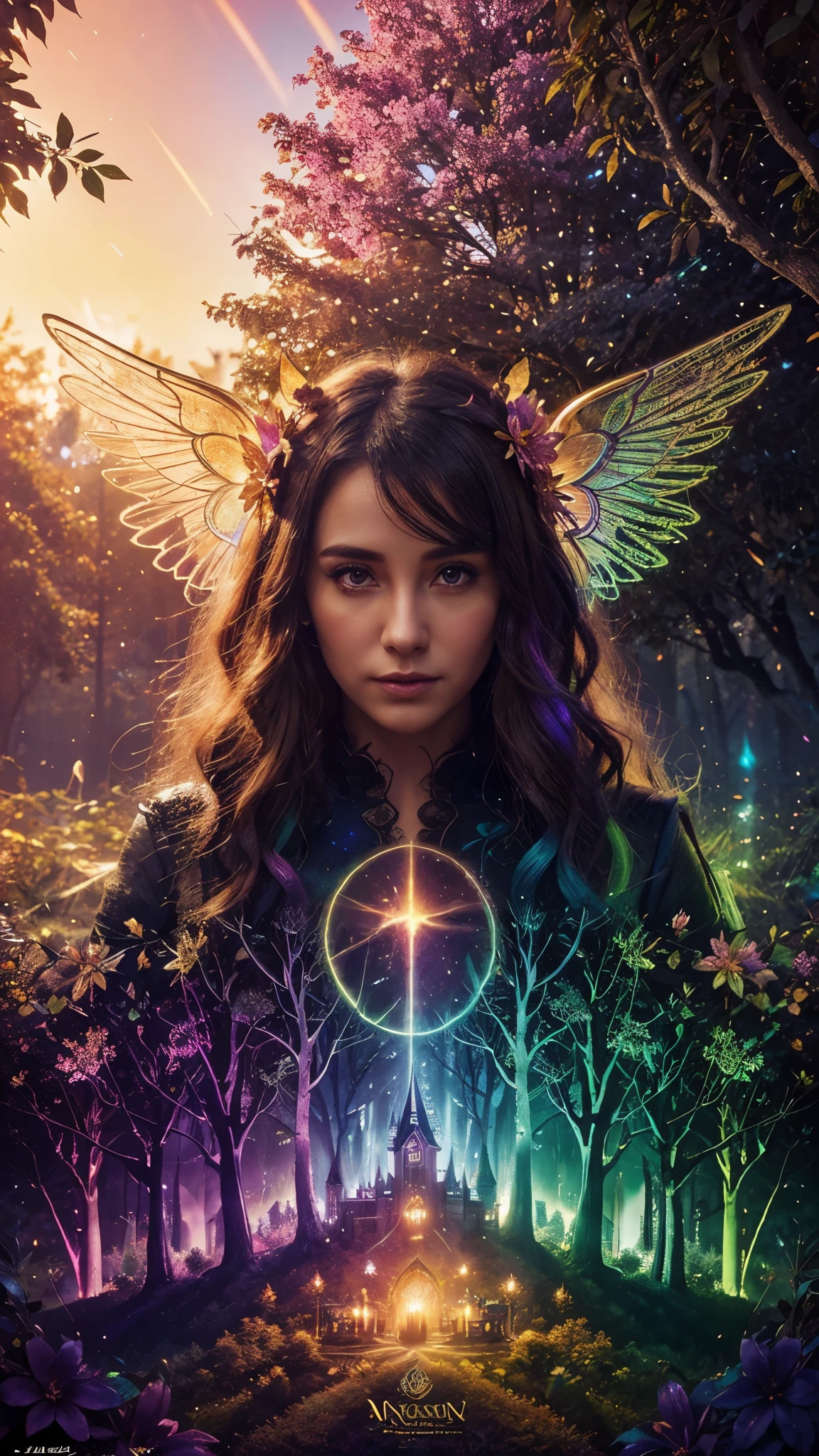 Fantasy Book Cover Art:
"An enchanting fantasy book cover showing a mystical forest with glowing, multicolored flowers in neon shades, a hidden castle in the distance illuminated by a golden sunset, and a magical creature with iridescent wings peeking through the trees."