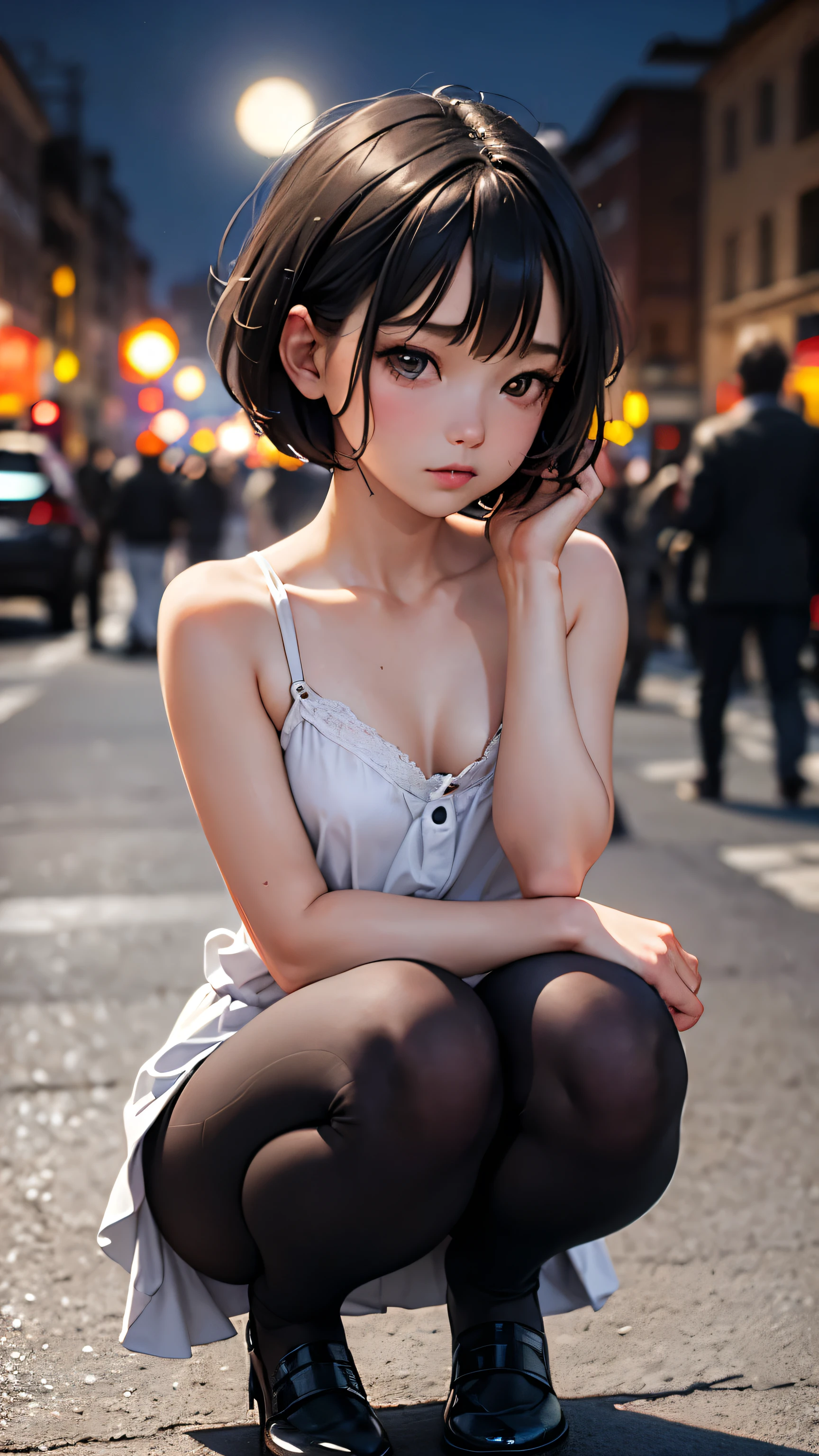 (,Street lamp,moon),masterpiece, One woman, Solo Exhibitions, Beautiful woman with small breasts,Beautiful Goddess Portrait, Beautiful and elaborate face, Porcelain-like skin, (((Full Shot,center, night, Black Hair, short hair)), Very soft lighting, Symmetric, complicated, grace, Attention to detail, realism, art, concept art,White clothes,squat,