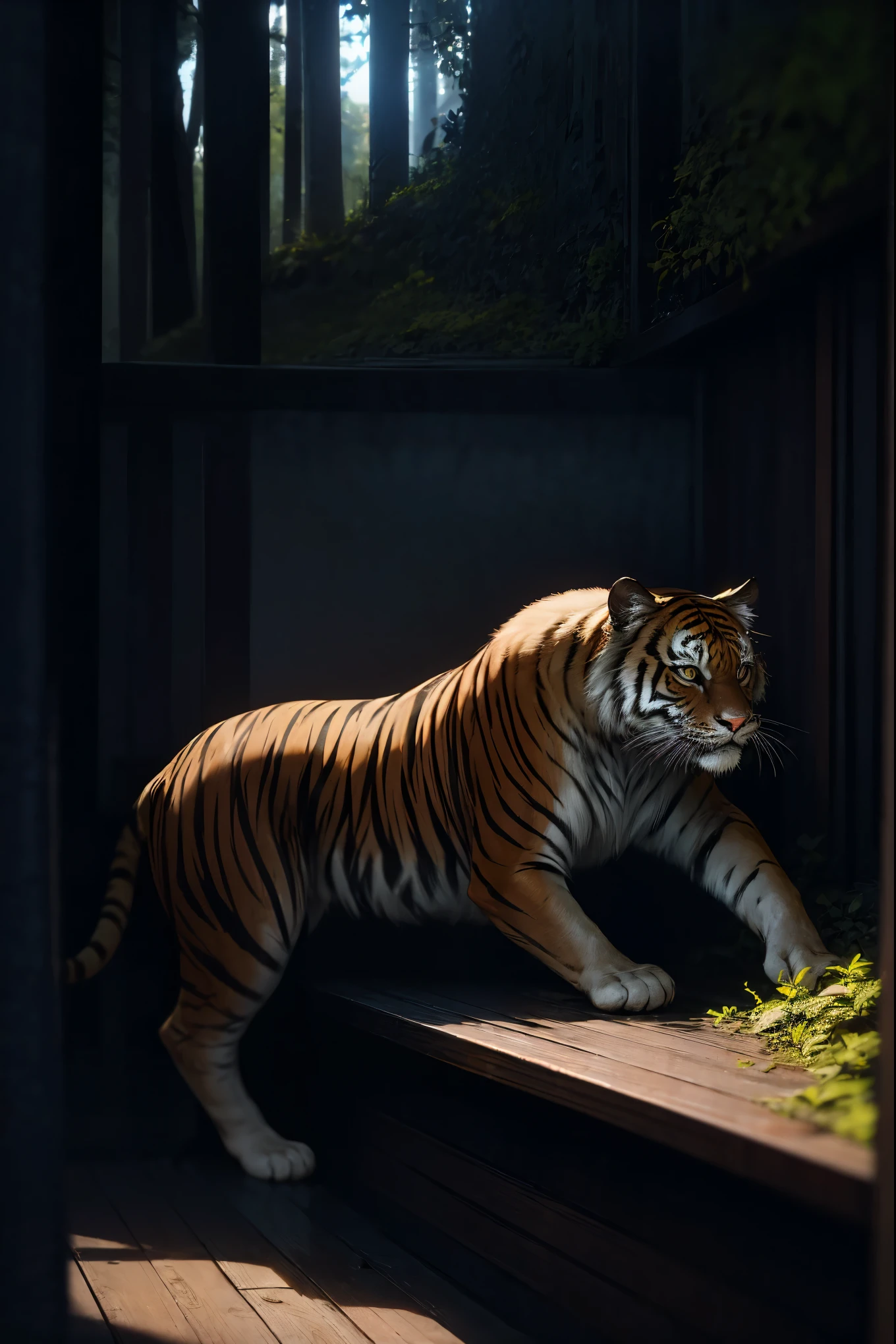 (best quality,8k,highres,masterpiece:1.2),tiger in-between trees and plants, lurking, light and shadows, mystery, magical majestic, hyper-realistic, sharpness, best photography, HD, 8K, enchanting forest habitat, vibrant greenery, camouflage, piercing eyes, impressive muscular build, graceful yet powerful movements, subtle breath in the cold air, mystical atmosphere, ethereal presence, captivating aura, dense foliage, dappled sunlight through leaves, intricate textures, fine fur details, stunning wildlife composition, impeccable focus, captivating ambience, unseen and breathtaking, untamed beauty.