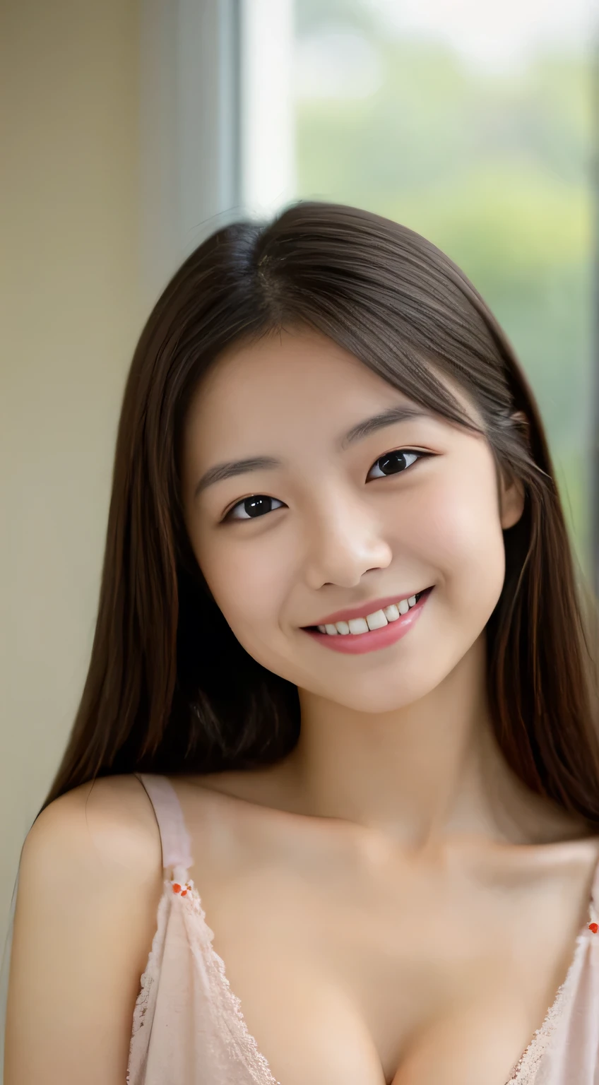 masterpiece,best quality,(Japanese ),((Beautiful girl)),cleavage,indoor,(perfect body beauty:1.2),(shy smile),beautiful teeth,