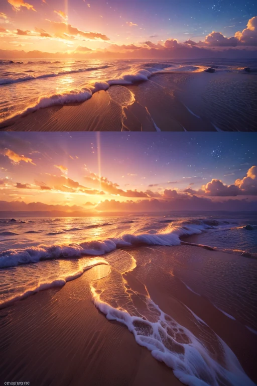 Hyper realistic 8k, ultra detailed, (Best Quality digital illustration Masterpiece of planet Earth in outer space), ((No Man)), (Beautiful planet Earth Illustration), (Beautiful Beach Shore), (Golden Sand), ((Waves in the distance)), (Bright Sun), (Hyperdetail, Dynamic Camera), (Wide Angle), (Celestial Lighting), (Vivid Colors and Saturation), (trending on artstation), ((beautiful sunset)), (aqua colored water),