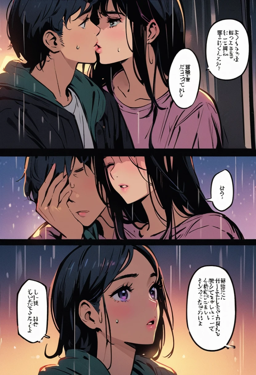dark - comic style: In the first comic, a couple talking via text message; In the second Comic a couple at the cinema; In the third comic, a couple kissing in the rain, very detailed comic style