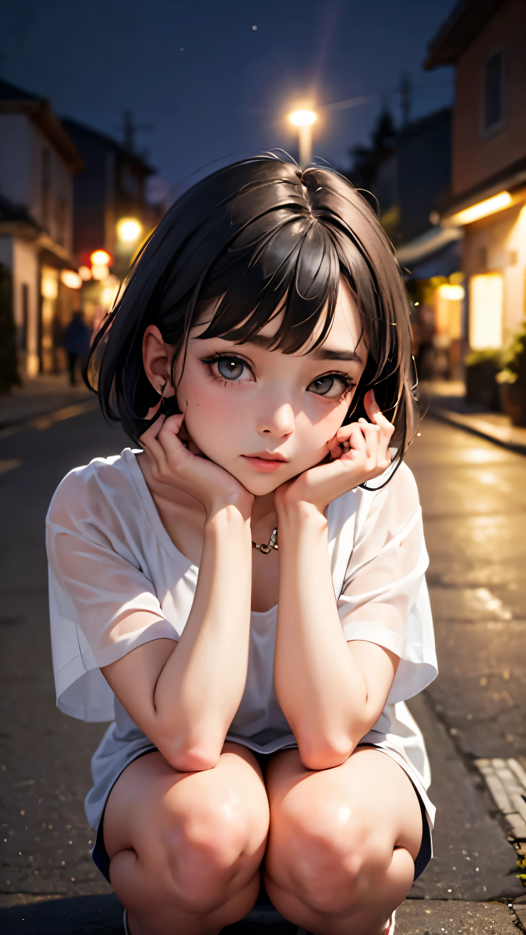 (,Street lamp,moon),masterpiece, One woman, Solo Exhibitions, Beautiful woman with small breasts,Beautiful Goddess Portrait, Beautiful and elaborate face, Porcelain-like skin, (((Full Shot,center, night, Black Hair, short hair)), Very soft lighting, Symmetric, complicated, grace, Attention to detail, realism, art, concept art,White clothes,squat,