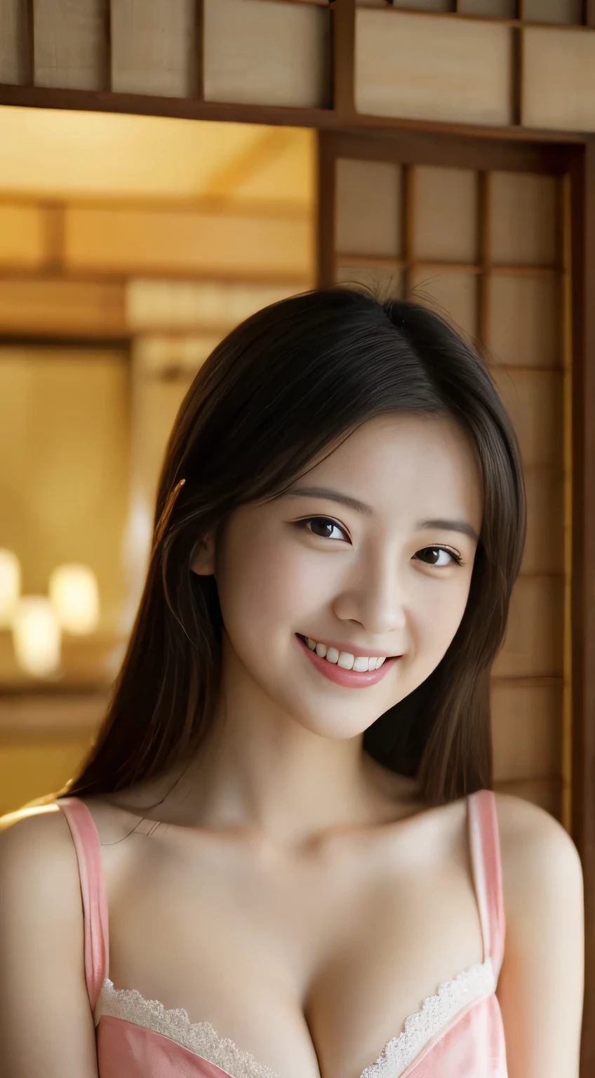 masterpiece,best quality,(Japanese ),((Beautiful girl)),cleavage,indoor,(perfect body beauty:1.2),(shy smile),beautiful teeth,
