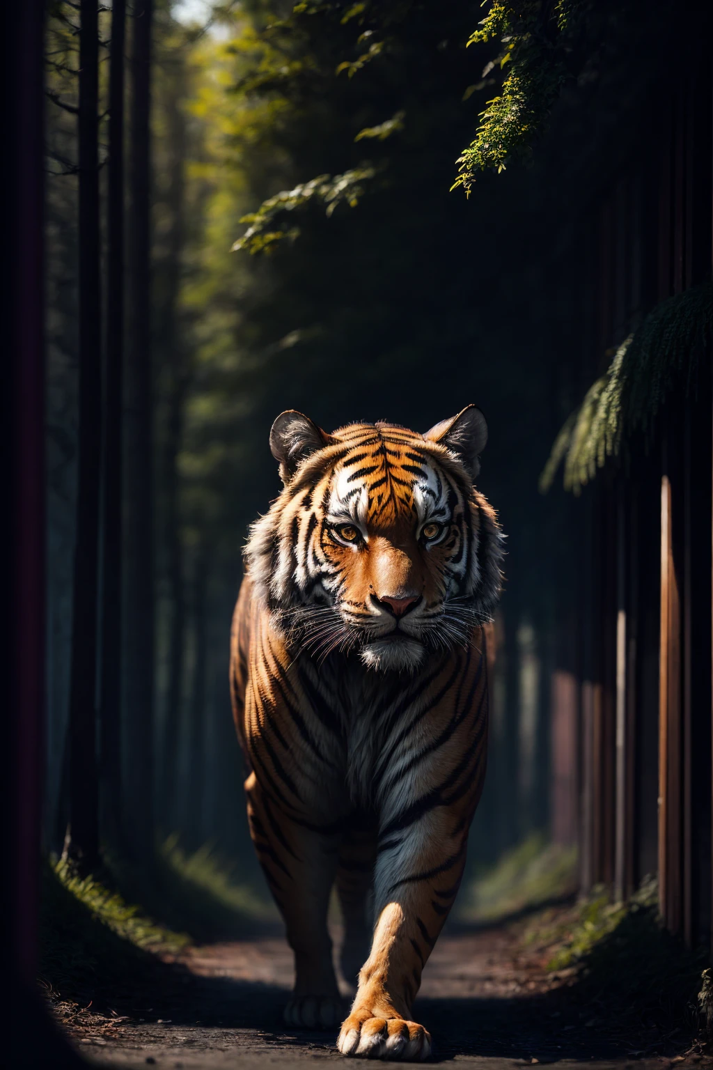 (best quality,8k,highres,masterpiece:1.2),tiger in-between trees and plants, lurking, light and shadows, mystery, magical majestic, hyper-realistic, sharpness, best photography, HD, 8K, enchanting forest habitat, vibrant greenery, camouflage, piercing eyes, impressive muscular build, graceful yet powerful movements, subtle breath in the cold air, mystical atmosphere, ethereal presence, captivating aura, dense foliage, dappled sunlight through leaves, intricate textures, fine fur details, stunning wildlife composition, impeccable focus, captivating ambience, unseen and breathtaking, untamed beauty.