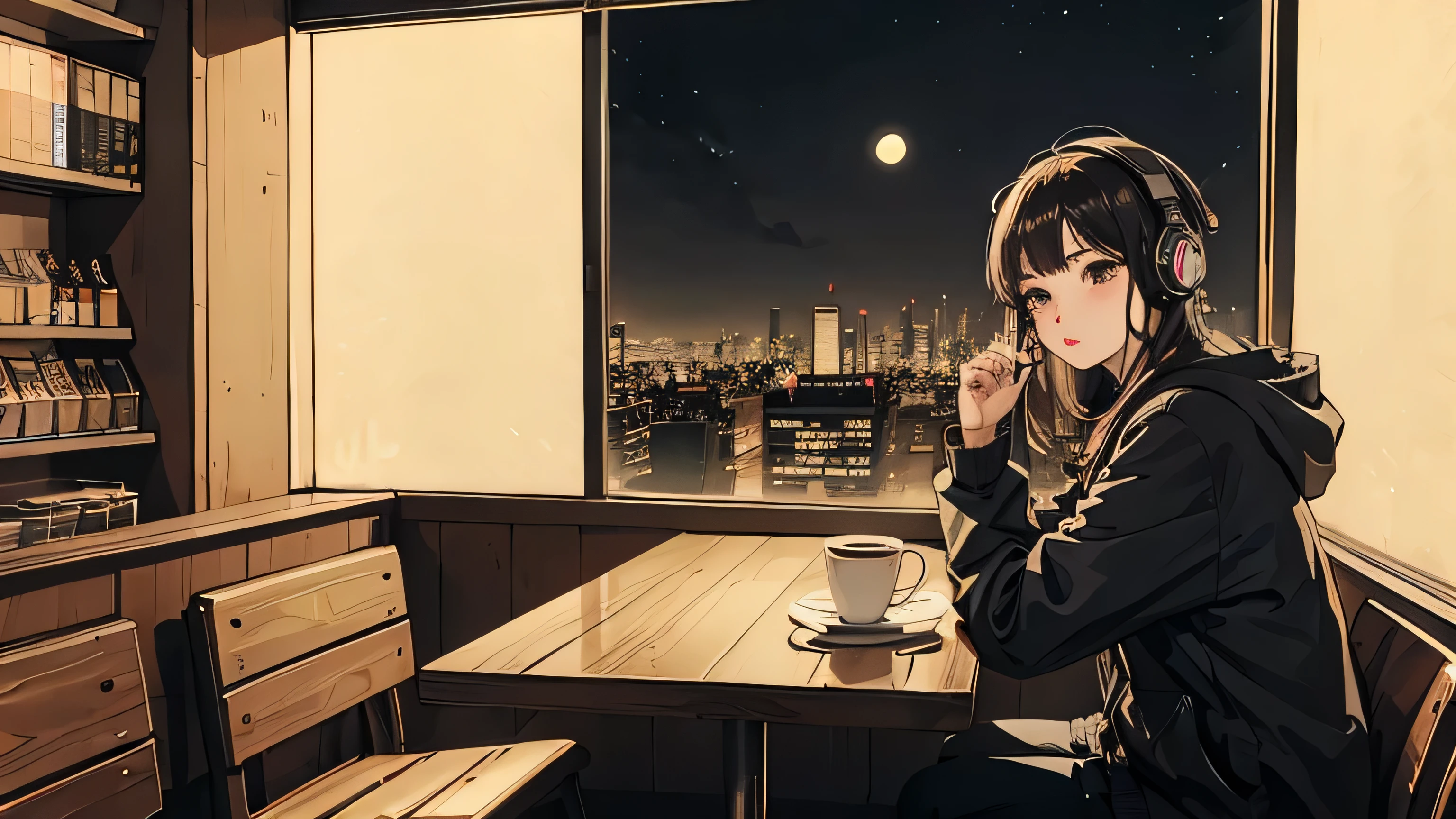 301 man in his 20s, 90s anime style, night, coffee shop, moon, Man with headphones, Late night cafe counter seating, Listening to music alone, (((Detailed face))),Perfect facial details、Detailed finger shapes、Natural finger shape、City Pop, low quality, Lo-Fi, Chill, late night, Stylish cafe counter seats, Dark Room, futuristic night view outside the window, Dark Room, Dark Room, Dark Room