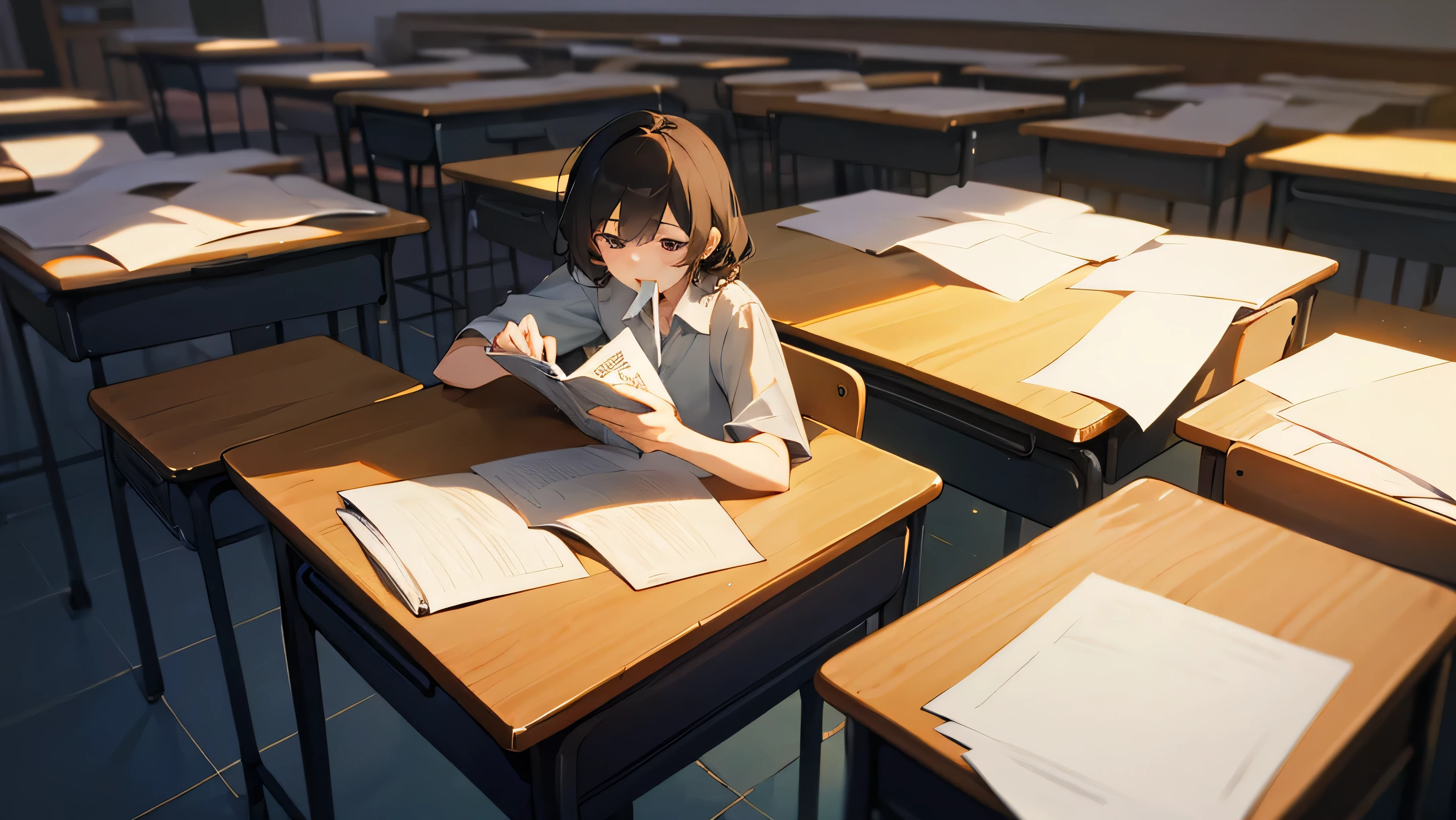A student ripping a book and holding the paper in his mouth、classroom、Women、Textbook on desk、high quality、masterpiece
