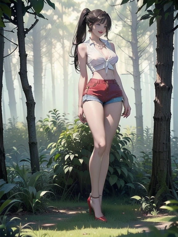 ((((best quality))))、(((Super fine CG16K wallpaper)))、(((masterpiece)))、(((Ultra Detailed)))、(((Extremely detailed)))、((A mature 24-year-old woman:1.6))、((Very pretty Japanese face Shiraishi:1.3))、((straight long ponytail、Bangs:1.5))、(Shiny Brown Hair)、Beautiful and delicate eyes、Brown eyes、high nose、Small nostril、Little mouth、Tempting lips、Beautiful breasts、((C cup size breasts))、cleveage、Full figure、Perfect proportion、Perfect anatomical structure、perfect composition、Beautiful and detailed shadows、美丽的Natural light线、beautiful detailed glow、Depth of writing boundaries、(((High chroma)))、(((real:1.9)))、((vivid:1.5))、((beautiful skin))、((Texture))、((realな皮膚感))、(((full-body shot:1.6)))、((Front view、Front low angle:1.5))、((Shy laugh:1.5))、(Woman facing this way:1.5)、bright daylight、Natural light、(((In the woods:1.5)))、(standing posture:1.5)、(((White sleeveless hem stand collar shirt、Red micro mini hot pants:1.6)))、((earrings、Wearing a necklace:1.3))、((Wearing red high heels:1.6))、(((Large Breasts、Low-cut,Cleavage, Wide hips,)))