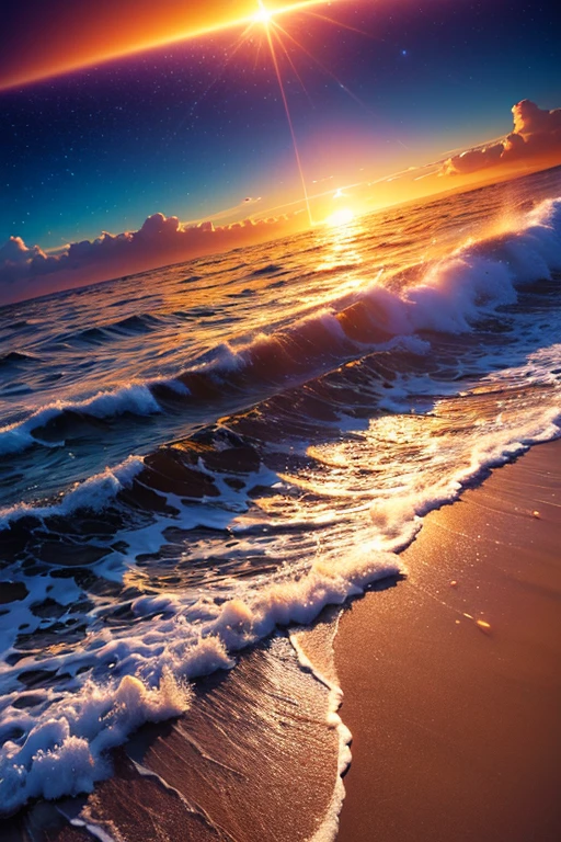 Hyper realistic 8k, ultra detailed, (Best Quality digital illustration Masterpiece of planet Earth in outer space), ((No Man)), (Beautiful planet Earth Illustration), (Beautiful Beach Shore), (Golden Sand), ((Waves in the distance)), (Bright Sun), (Hyperdetail, Dynamic Camera), (Wide Angle), (Celestial Lighting), (Vivid Colors and Saturation), (trending on artstation), ((beautiful sunset)), (aqua colored water),