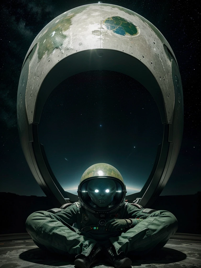 En el espacio hay un extraterrestre verde con la cabeza alargada sentado sobre el planeta Tierra, vemos el planeta entero, The alien is huge and is using planet Earth as a seat because he is tired