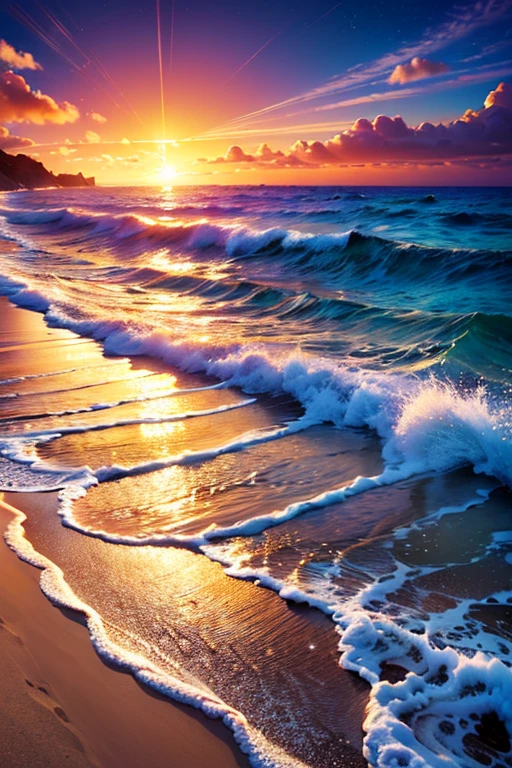 Hyper realistic 8k, ultra detailed, (Best Quality digital illustration Masterpiece of planet Earth in outer space), ((No Man)), (Beautiful planet Earth Illustration), (Beautiful Beach Shore), (Golden Sand), ((Waves in the distance)), (Bright Sun), (Hyperdetail, Dynamic Camera), (Wide Angle), (Celestial Lighting), (Vivid Colors and Saturation), (trending on artstation), ((beautiful sunset)), (aqua colored water),