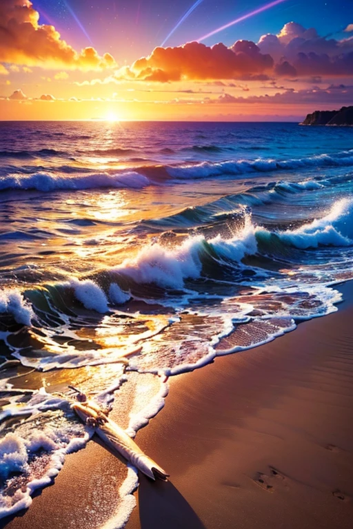 Hyper realistic 8k, ultra detailed, (Best Quality digital illustration Masterpiece of planet Earth in outer space), ((No Man)), (Beautiful planet Earth Illustration), (Beautiful Beach Shore), (Golden Sand), ((Waves in the distance)), (Bright Sun), (Hyperdetail, Dynamic Camera), (Wide Angle), (Celestial Lighting), (Vivid Colors and Saturation), (trending on artstation), ((beautiful sunset)), (aqua colored water),